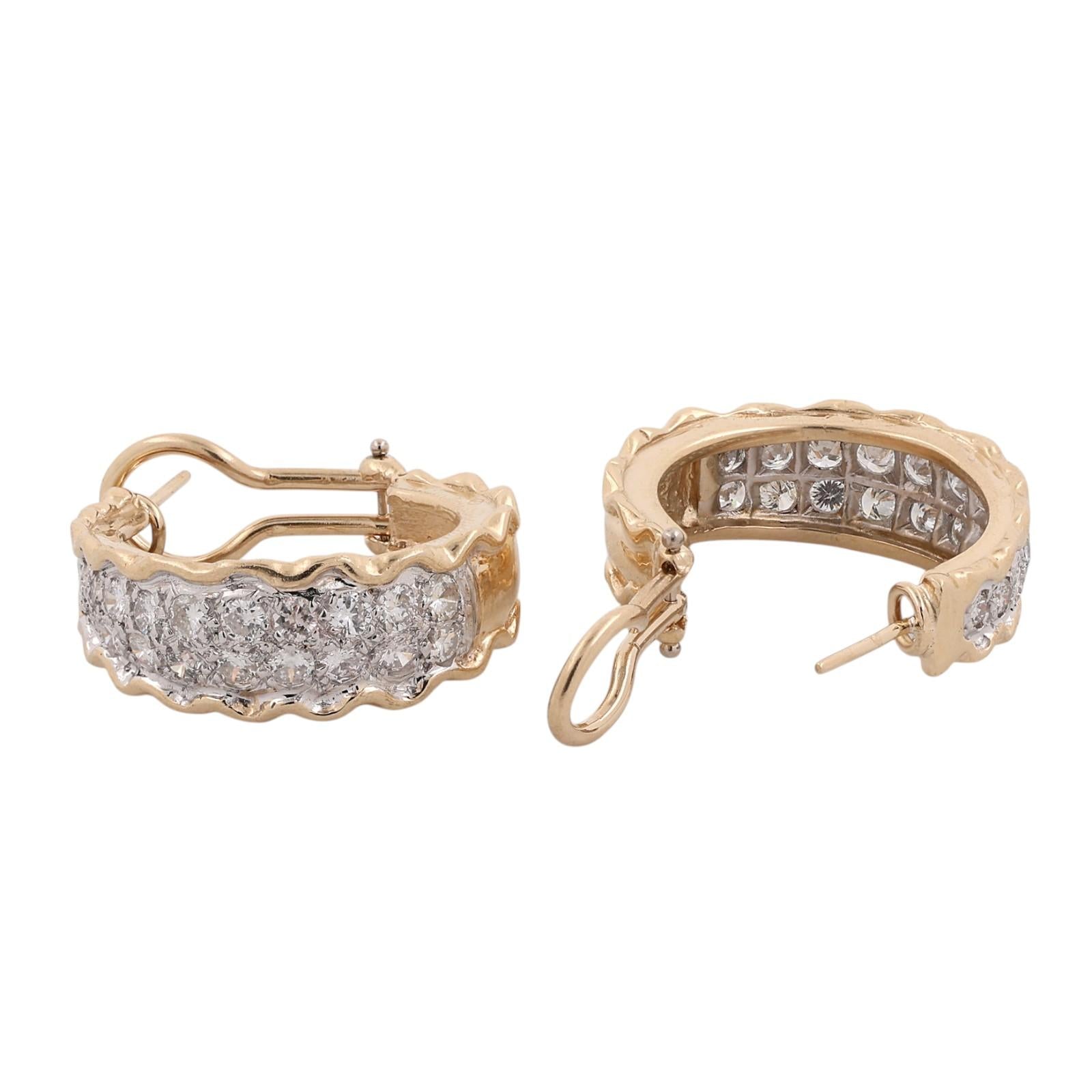 Two Tone Gold 2.15 CTW Natural Diamond Omega Back Hoop Earrings 11.2g