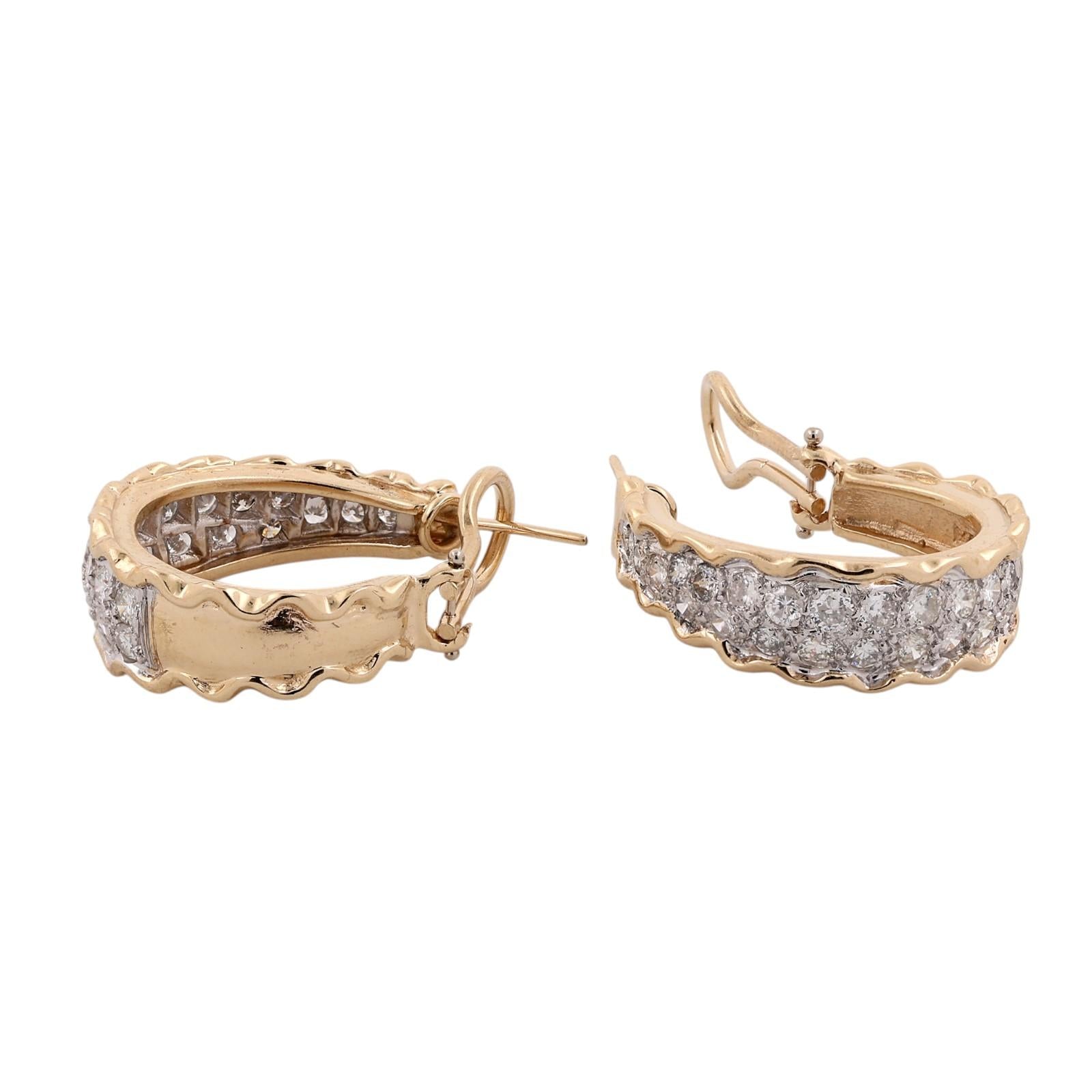 Two Tone Gold 2.15 CTW Natural Diamond Omega Back Hoop Earrings 11.2g