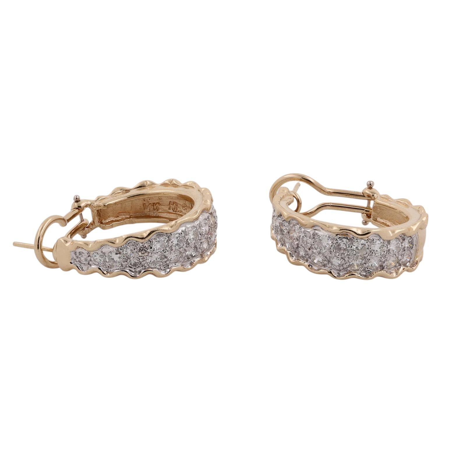 Two Tone Gold 2.15 CTW Natural Diamond Omega Back Hoop Earrings 11.2g