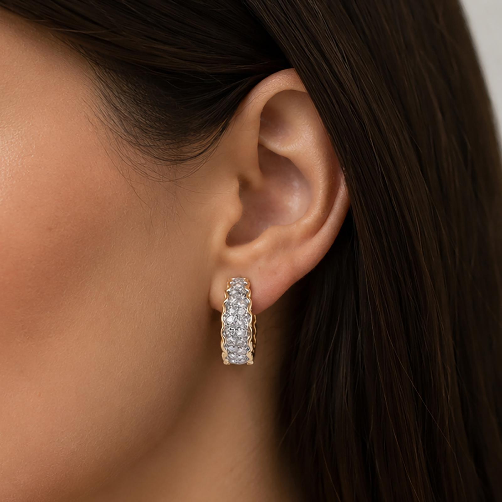 Two Tone Gold 2.15 CTW Natural Diamond Omega Back Hoop Earrings 11.2g