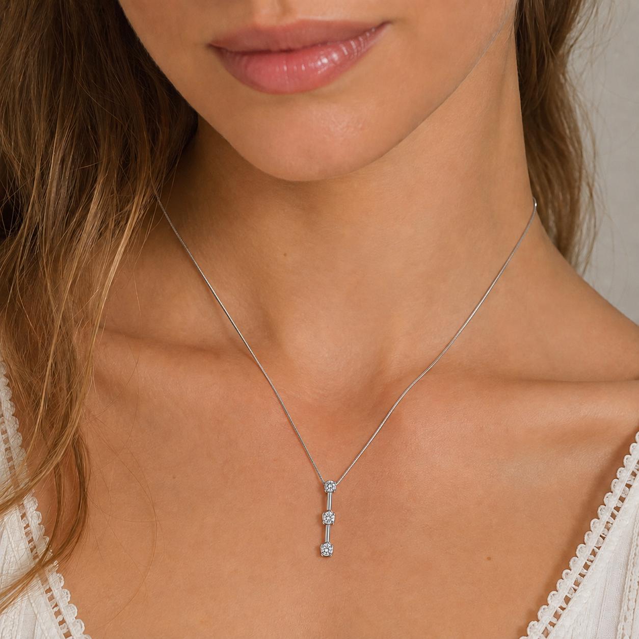 14K White Gold 0.21CTW Natural Diamond 3-Stone Journey Pendant Necklace 17"