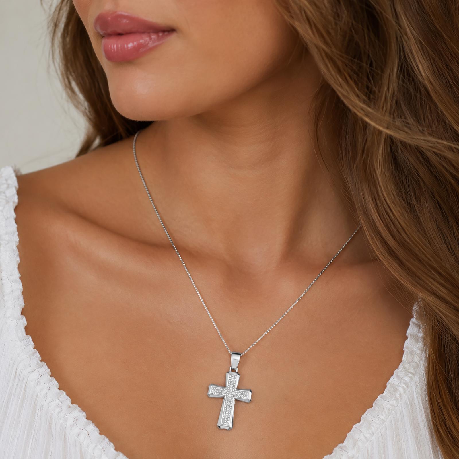 14K White Gold 1.00CTW Diamond Cross Pendant Large Estate Religious Charm