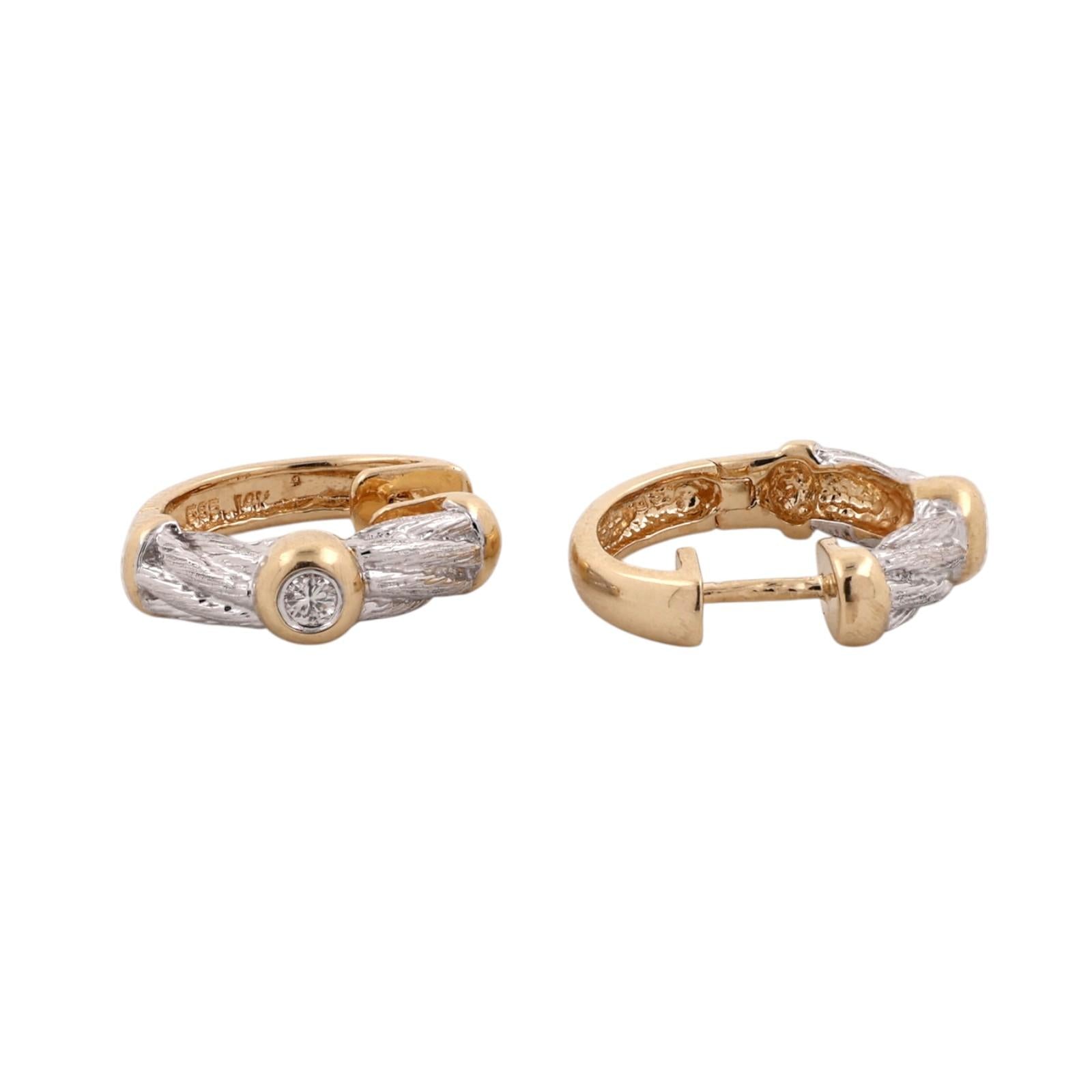 14K Two Tone Gold 0.10 CTW Natural Diamond Textured Huggie Hoop Earrings