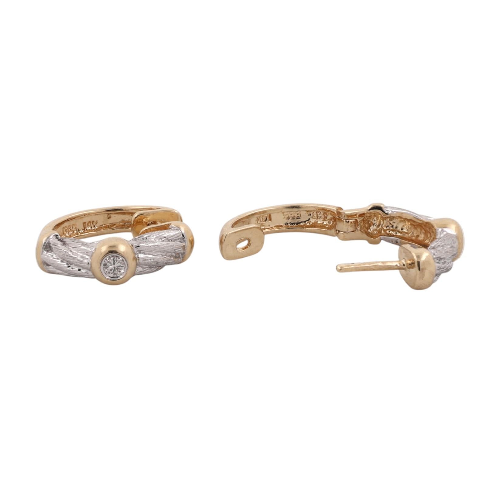 14K Two Tone Gold 0.10 CTW Natural Diamond Textured Huggie Hoop Earrings