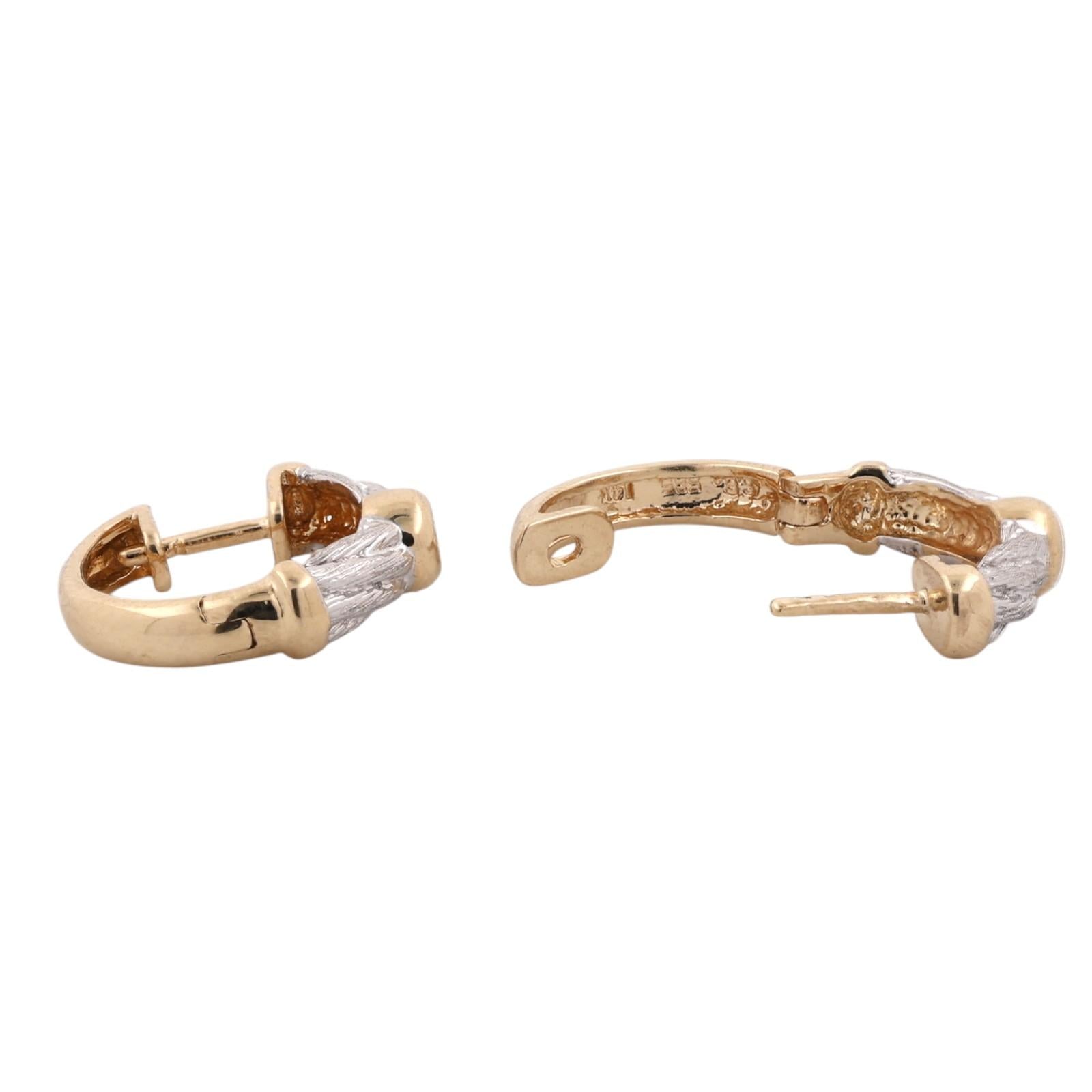 14K Two Tone Gold 0.10 CTW Natural Diamond Textured Huggie Hoop Earrings