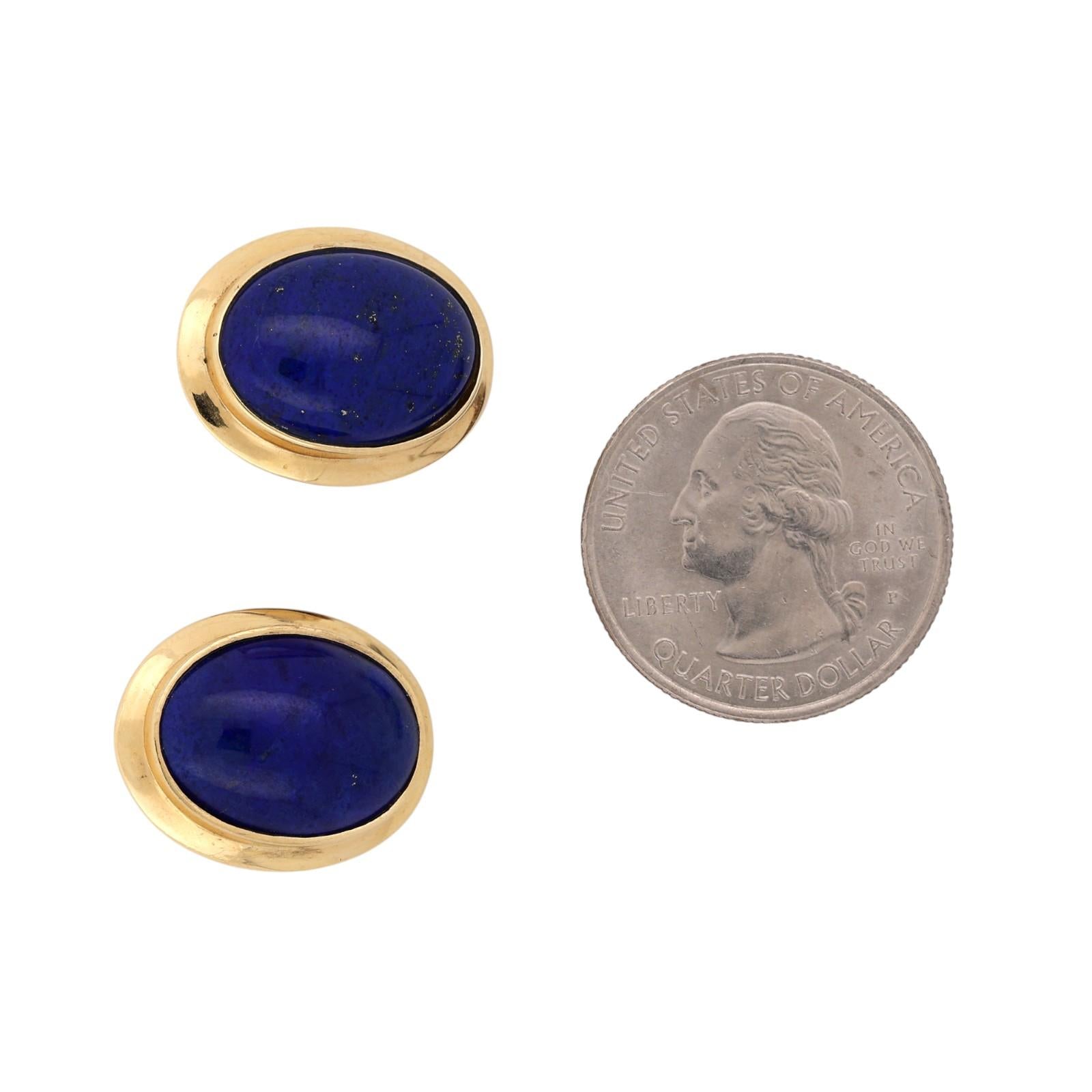 Natural Lapis Lazuli Cabochon Earrings 14K Yellow Gold Clip On Vintage