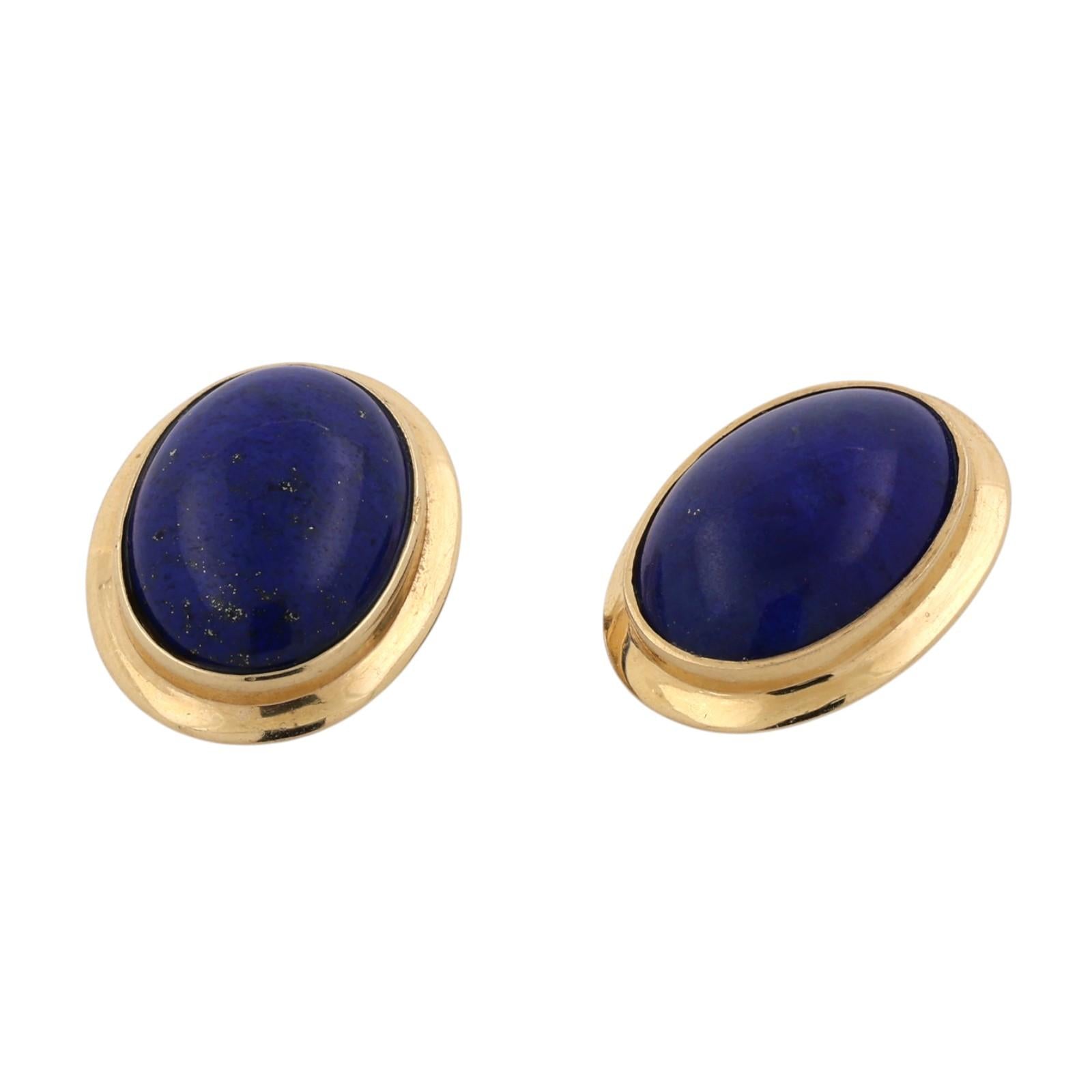 Natural Lapis Lazuli Cabochon Earrings 14K Yellow Gold Clip On Vintage
