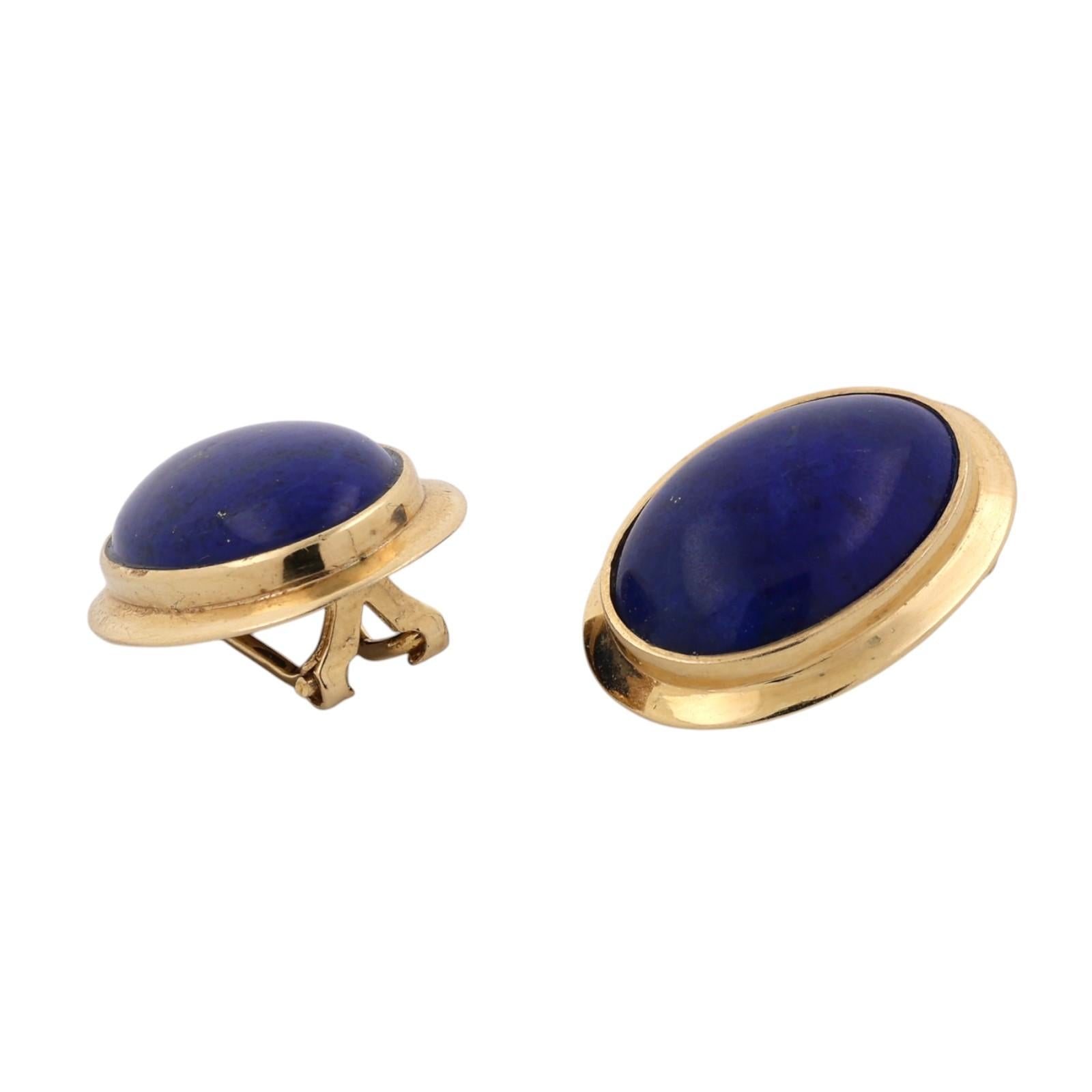 Natural Lapis Lazuli Cabochon Earrings 14K Yellow Gold Clip On Vintage