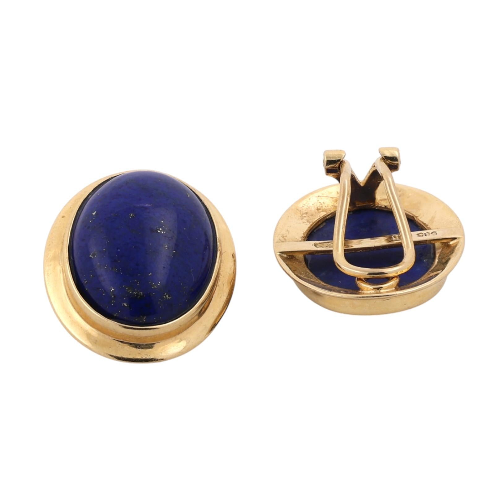 Natural Lapis Lazuli Cabochon Earrings 14K Yellow Gold Clip On Vintage