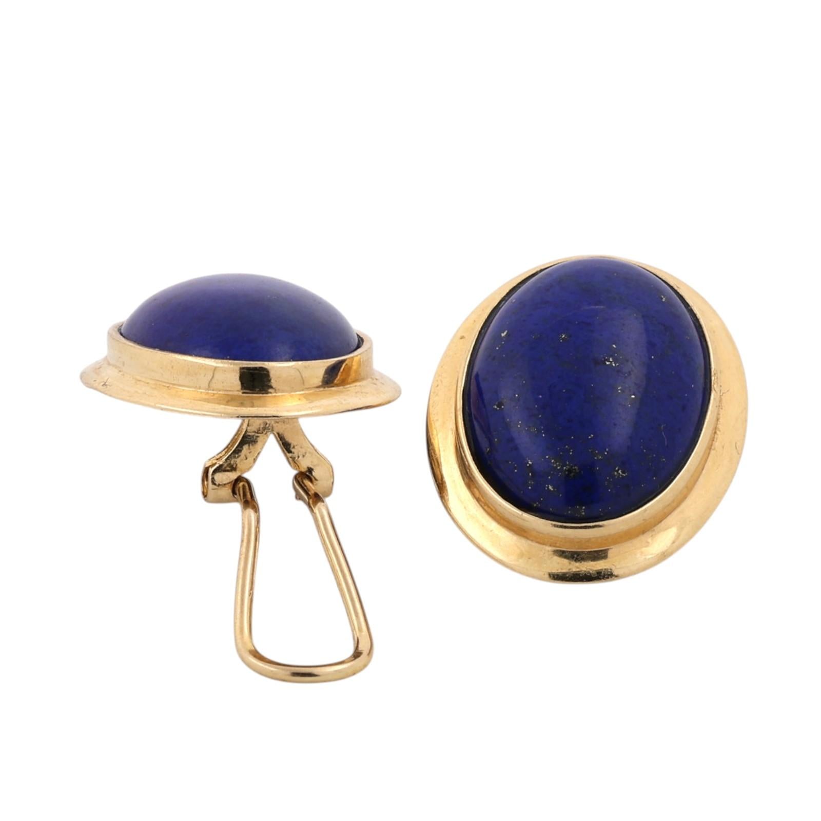 Natural Lapis Lazuli Cabochon Earrings 14K Yellow Gold Clip On Vintage