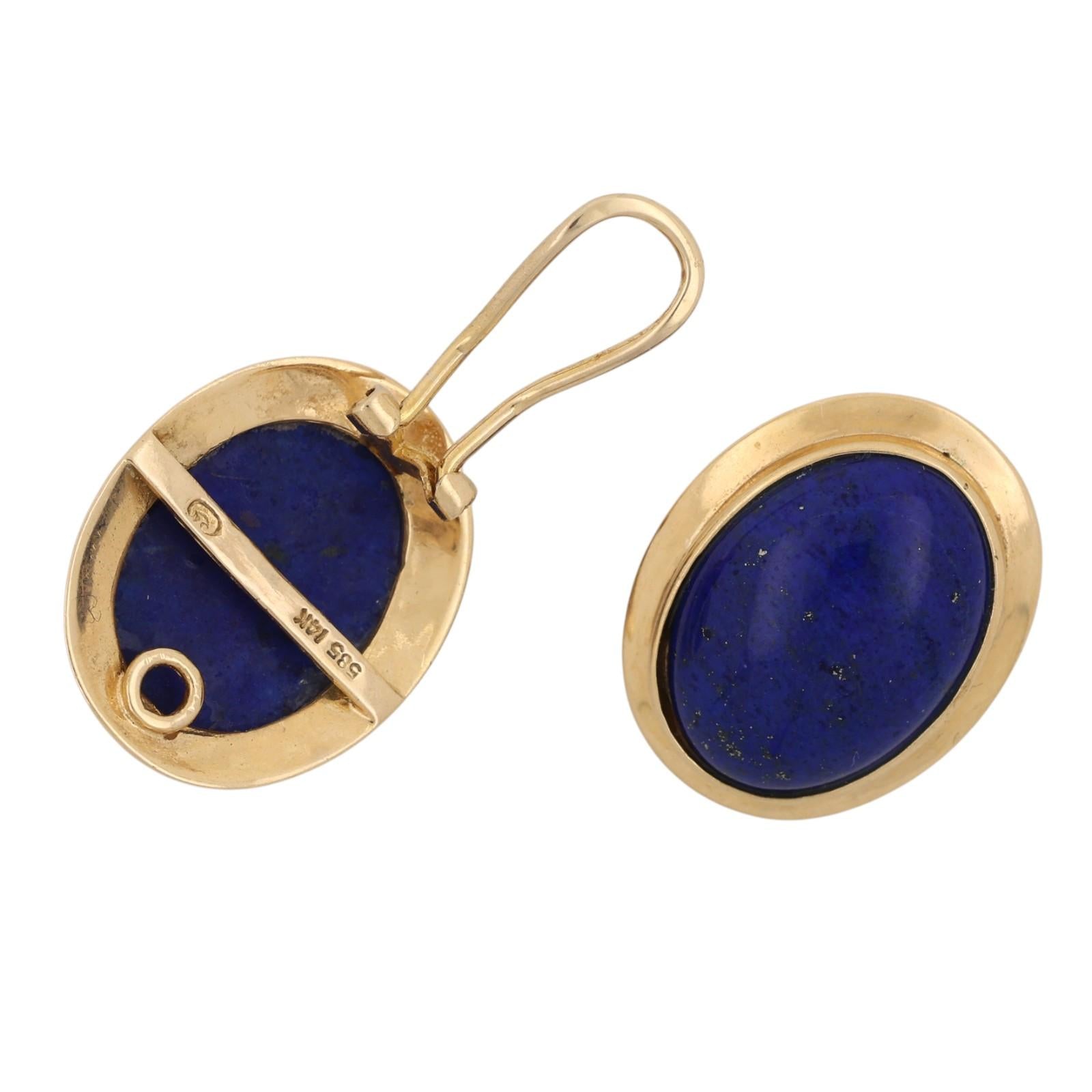 Natural Lapis Lazuli Cabochon Earrings 14K Yellow Gold Clip On Vintage