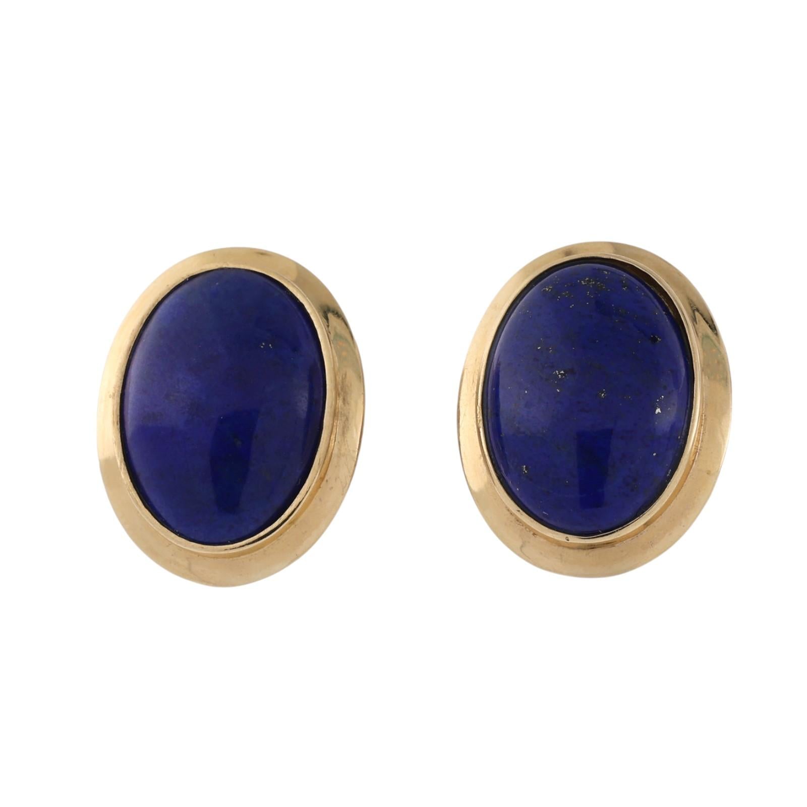 Natural Lapis Lazuli Cabochon Earrings 14K Yellow Gold Clip On Vintage