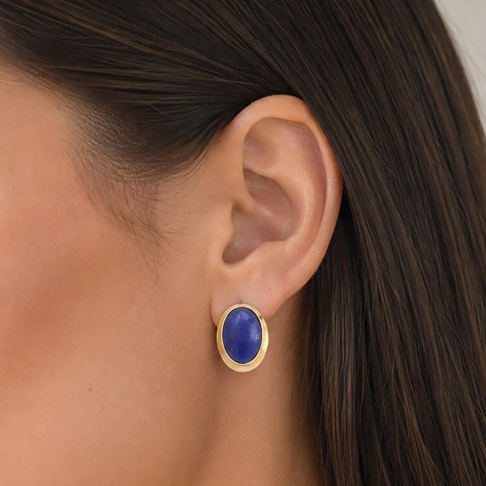 Natural Lapis Lazuli Cabochon Earrings 14K Yellow Gold Clip On Vintage