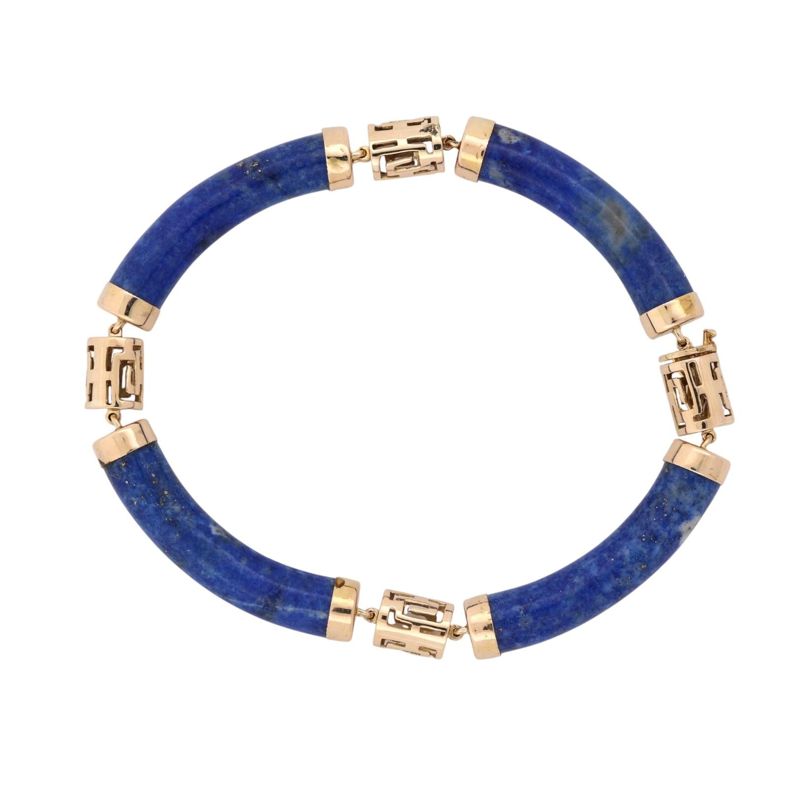Vintage Lapis Lazuli Greek Key Bracelet 14K Yellow Gold 7" Estate