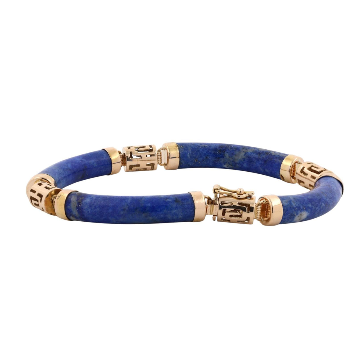 Vintage Lapis Lazuli Greek Key Bracelet 14K Yellow Gold 7" Estate