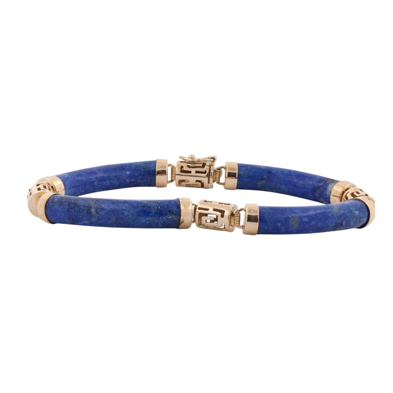 Vintage Lapis Lazuli Greek Key Bracelet 14K Yellow Gold 7" Estate