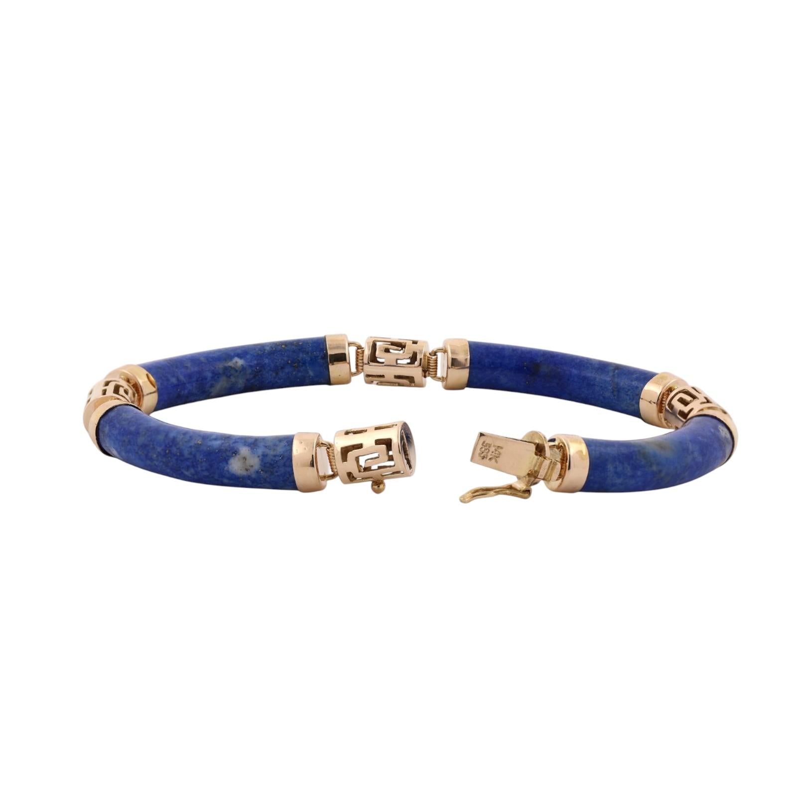 Vintage Lapis Lazuli Greek Key Bracelet 14K Yellow Gold 7" Estate