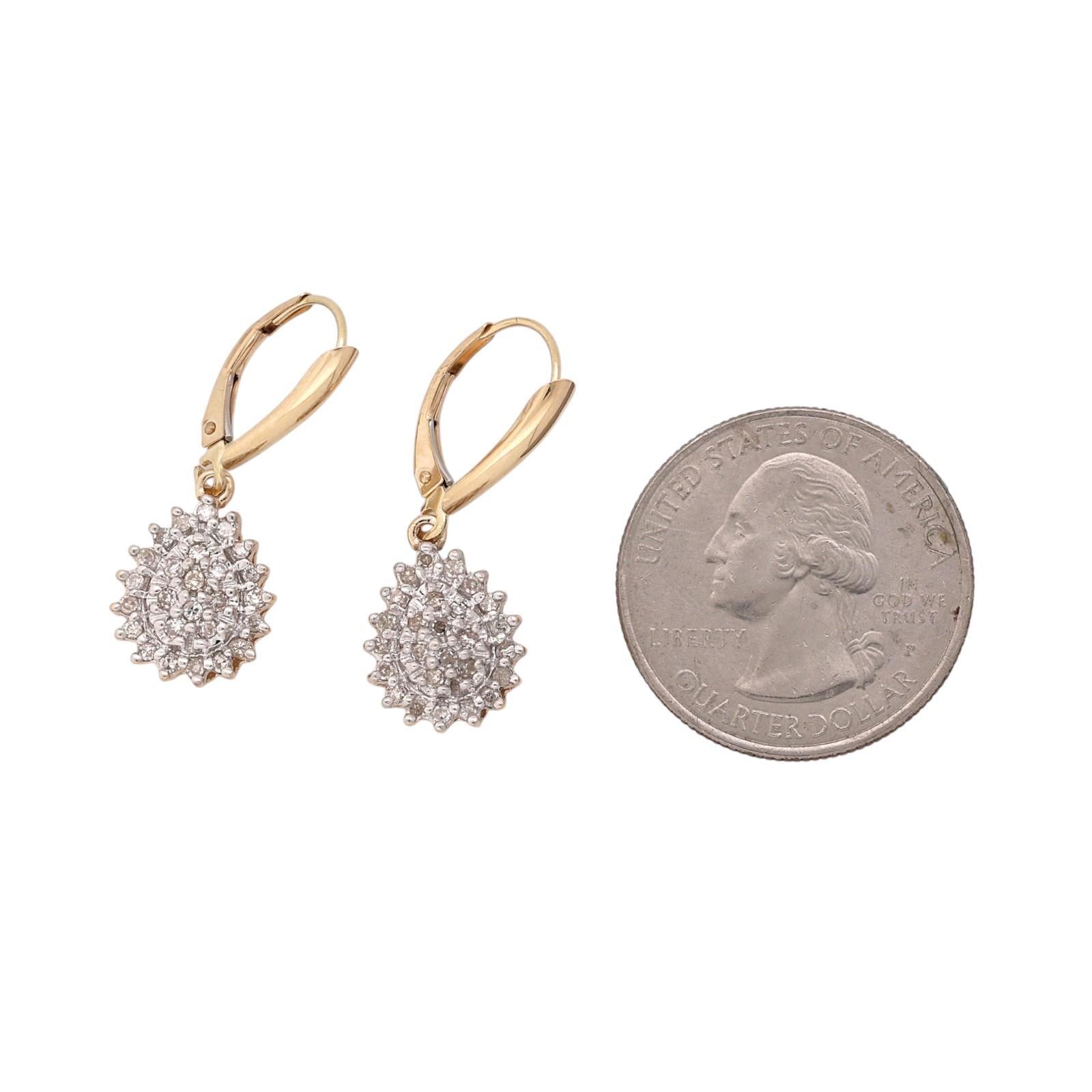 10K Two Tone Gold 0.50CTW Diamond Dangle Lever Back Earrings Cluster Halo Estate