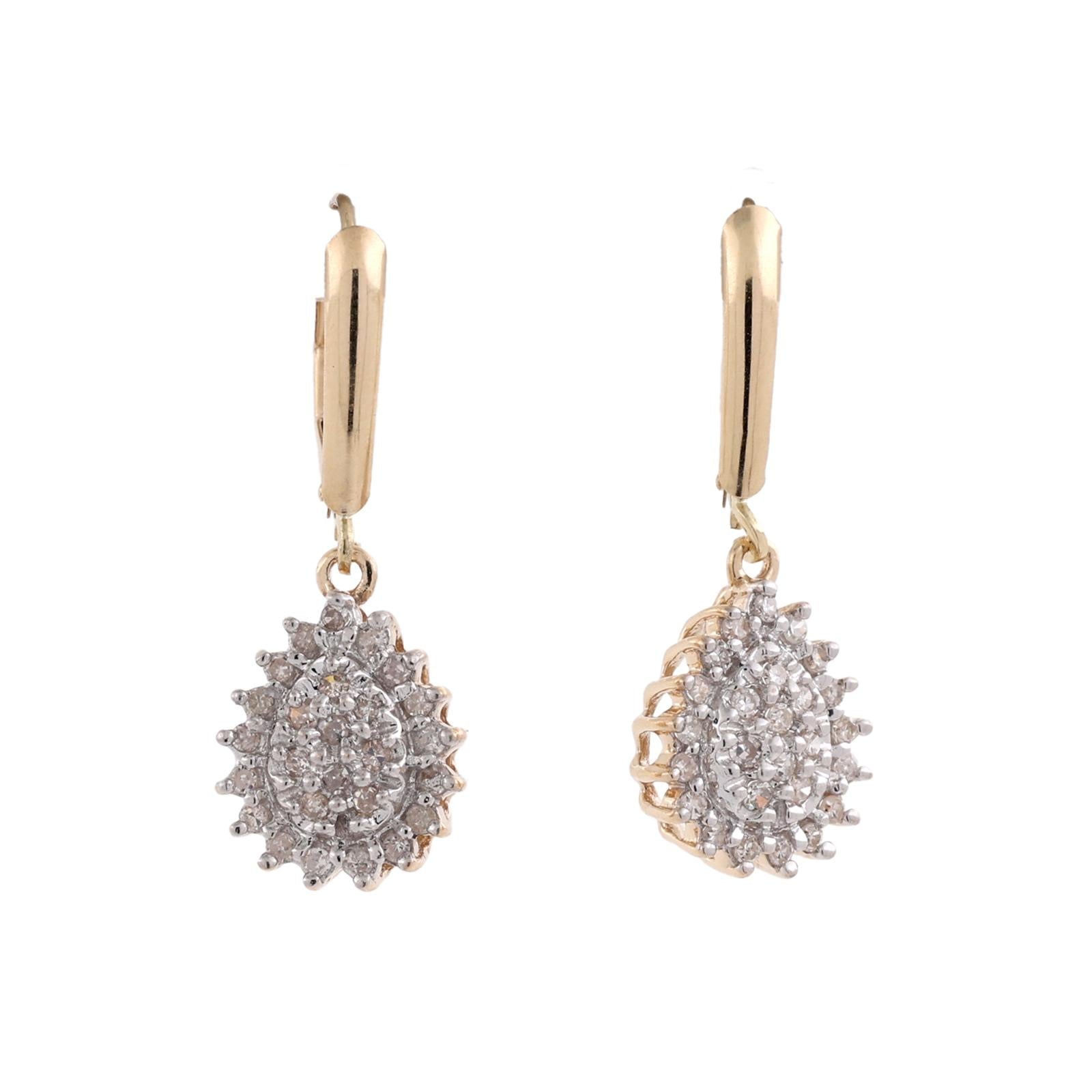 10K Two Tone Gold 0.50CTW Diamond Dangle Lever Back Earrings Cluster Halo Estate