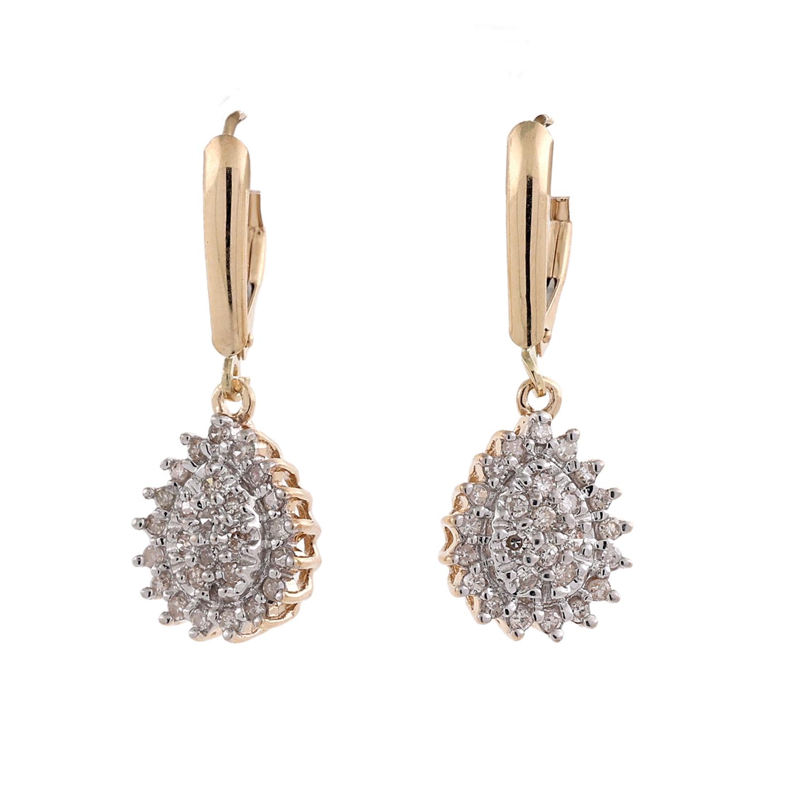 10K Two Tone Gold 0.50CTW Diamond Dangle Lever Back Earrings Cluster Halo Estate