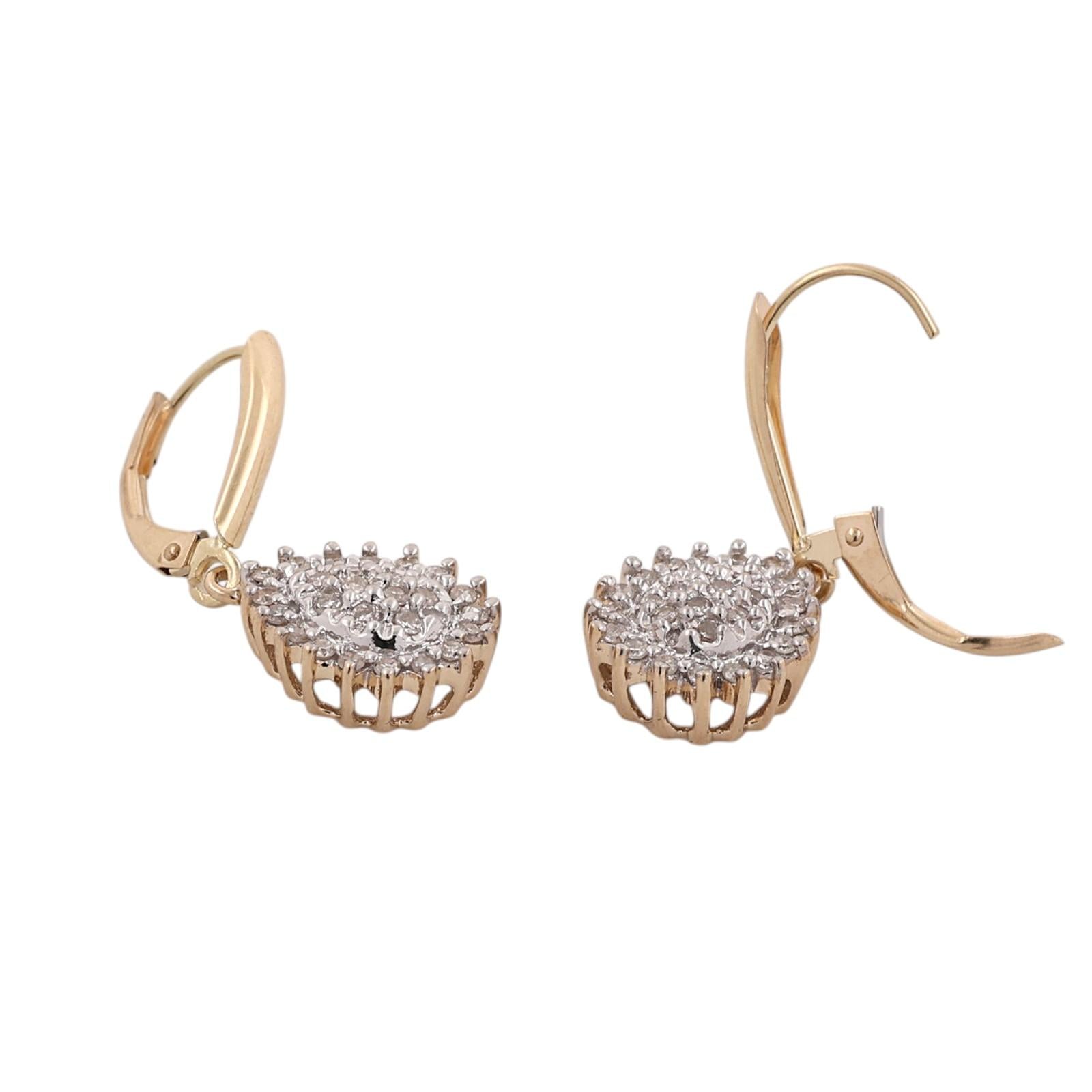 10K Two Tone Gold 0.50CTW Diamond Dangle Lever Back Earrings Cluster Halo Estate