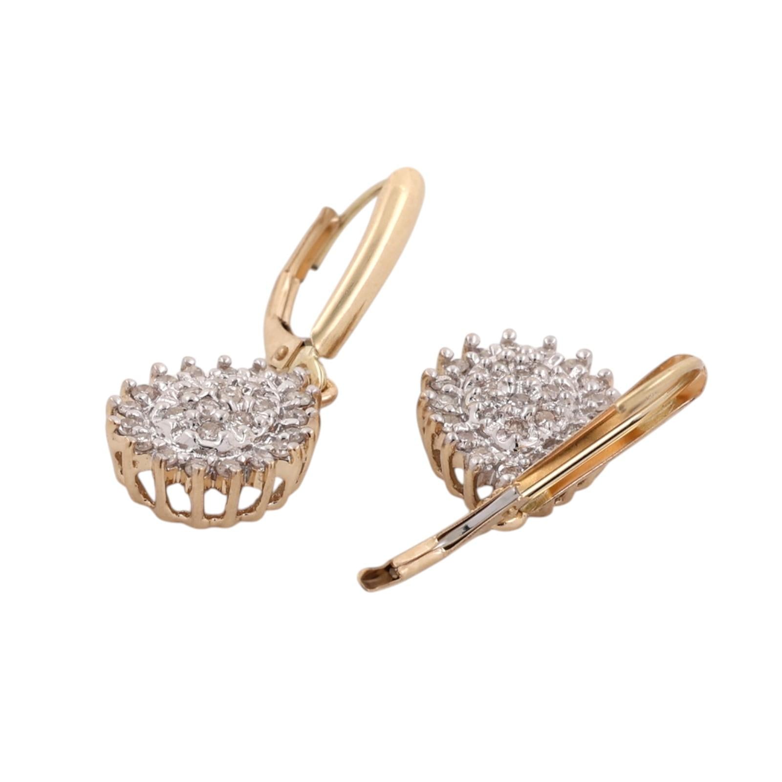 10K Two Tone Gold 0.50CTW Diamond Dangle Lever Back Earrings Cluster Halo Estate