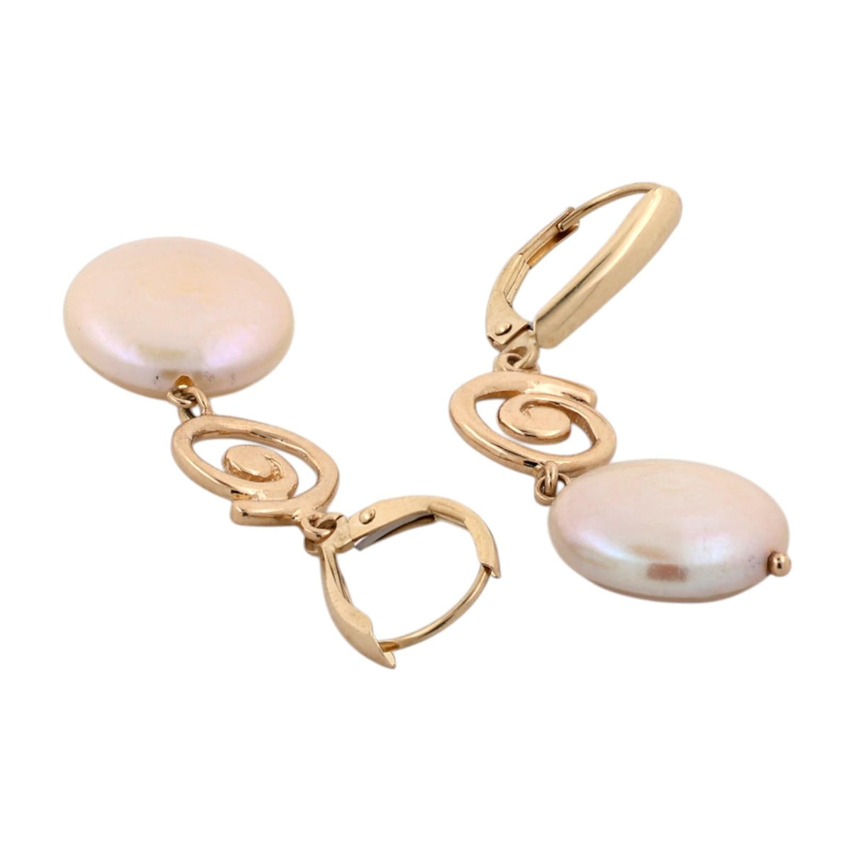 Cultured Freshwater Pearl Swirl Drop Earrings 14K Yellow Gold Lever Backs 1.73"