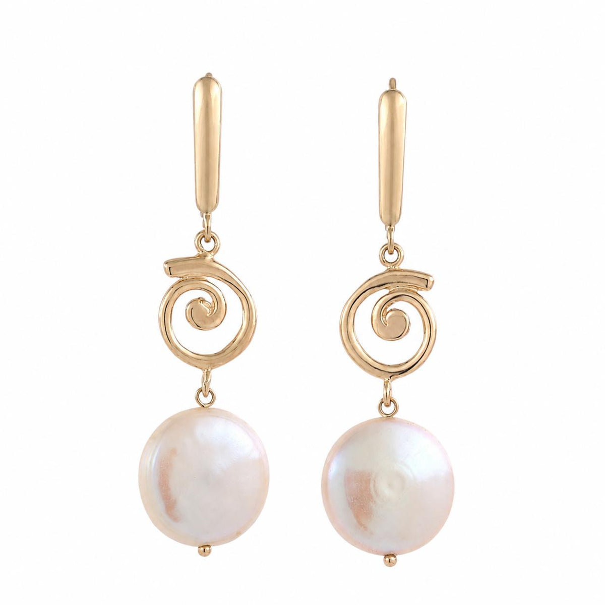 Cultured Freshwater Pearl Swirl Drop Earrings 14K Yellow Gold Lever Backs 1.73"