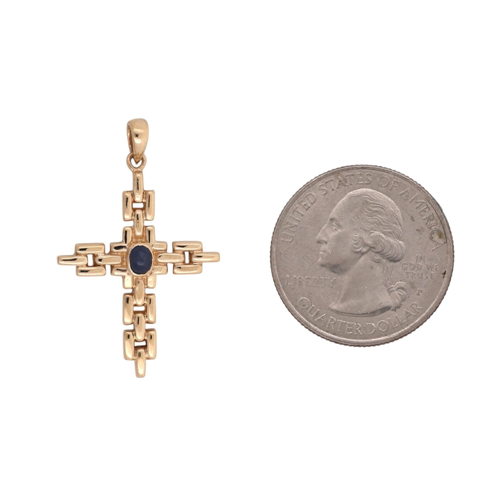 14K Natural Blue Sapphire Cross Pendant 14K Yellow Gold Modernist Unisex Estate