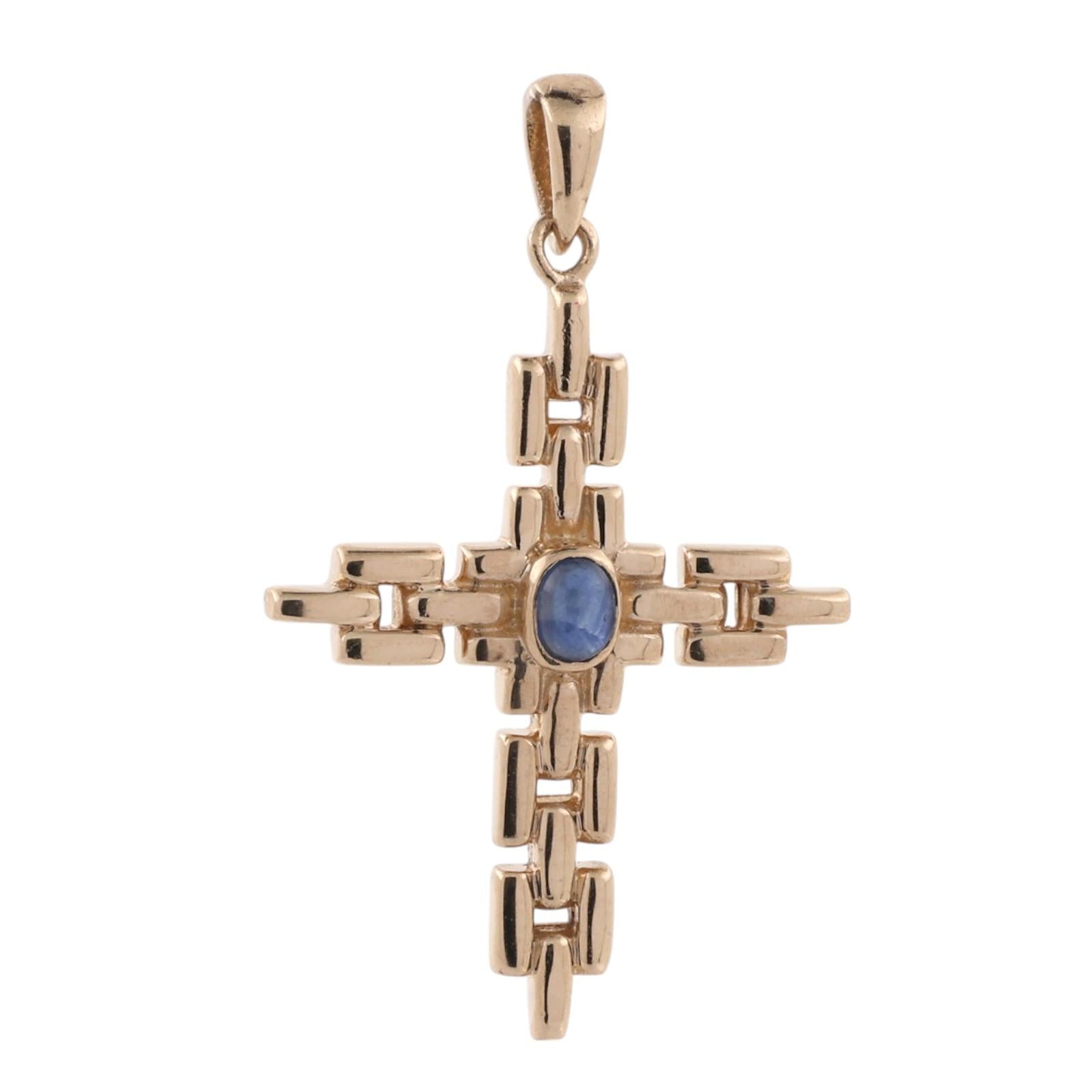 14K Natural Blue Sapphire Cross Pendant 14K Yellow Gold Modernist Unisex Estate