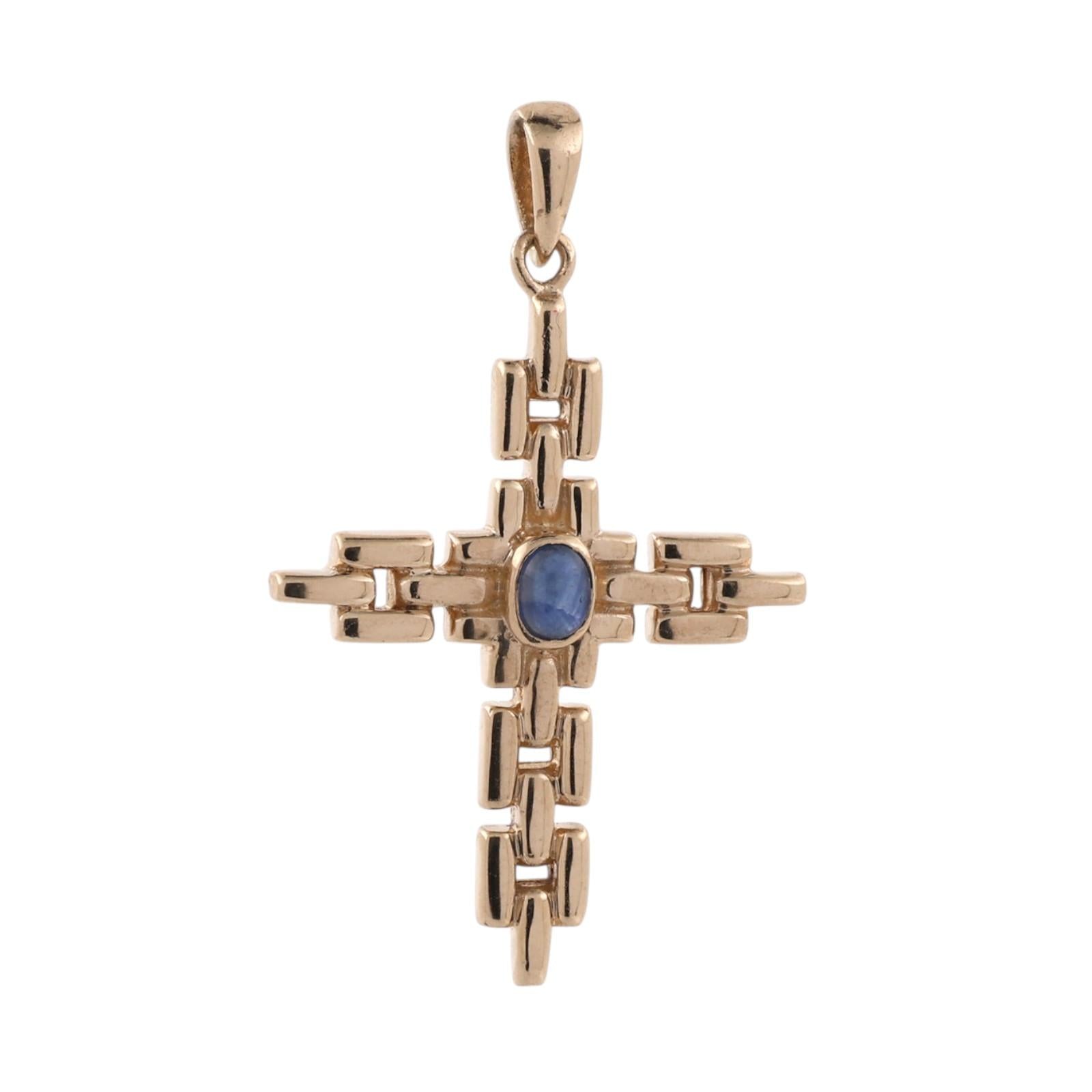 14K Natural Blue Sapphire Cross Pendant 14K Yellow Gold Modernist Unisex Estate