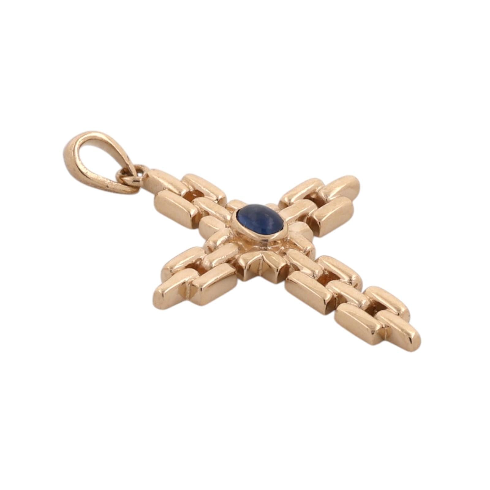 14K Natural Blue Sapphire Cross Pendant 14K Yellow Gold Modernist Unisex Estate