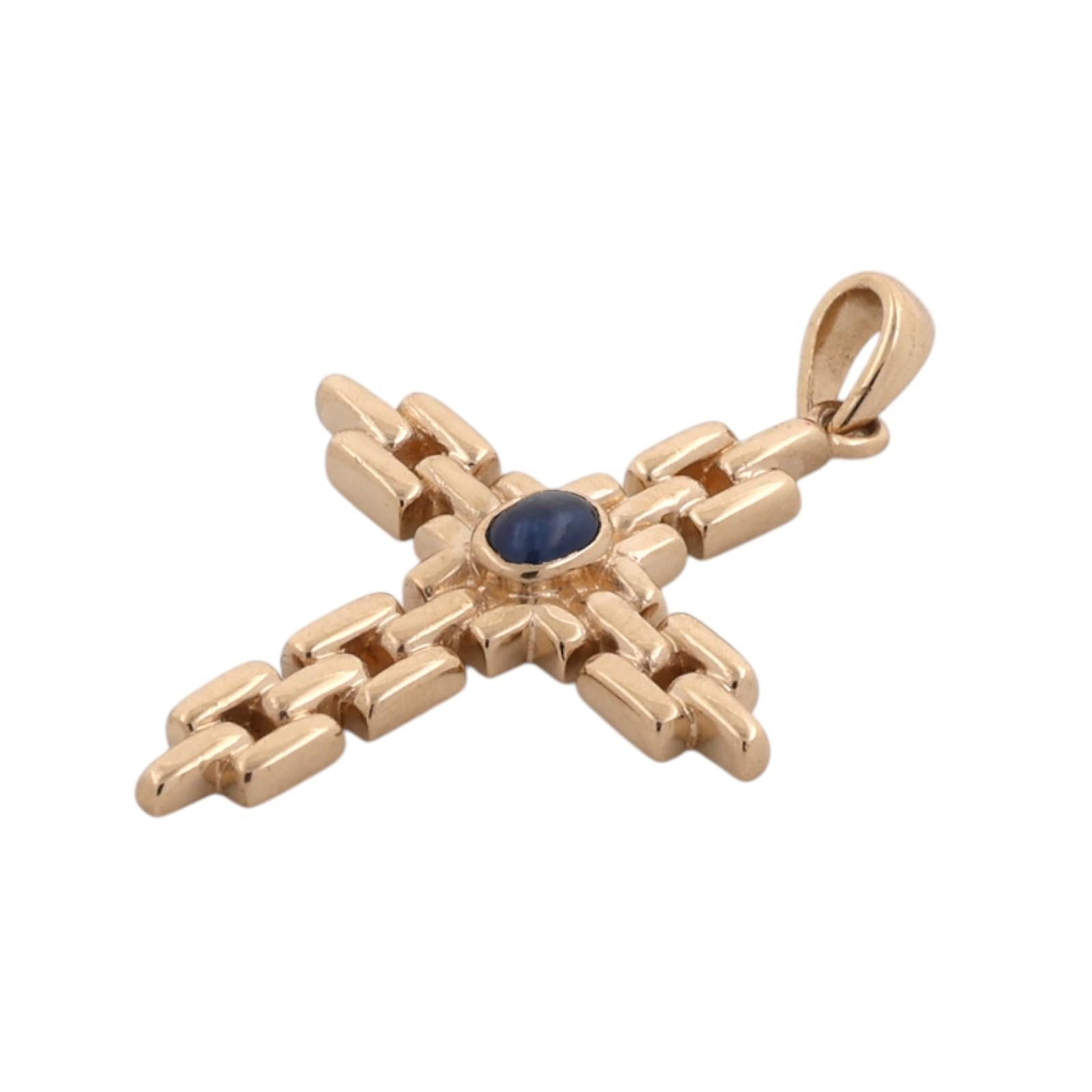 14K Natural Blue Sapphire Cross Pendant 14K Yellow Gold Modernist Unisex Estate