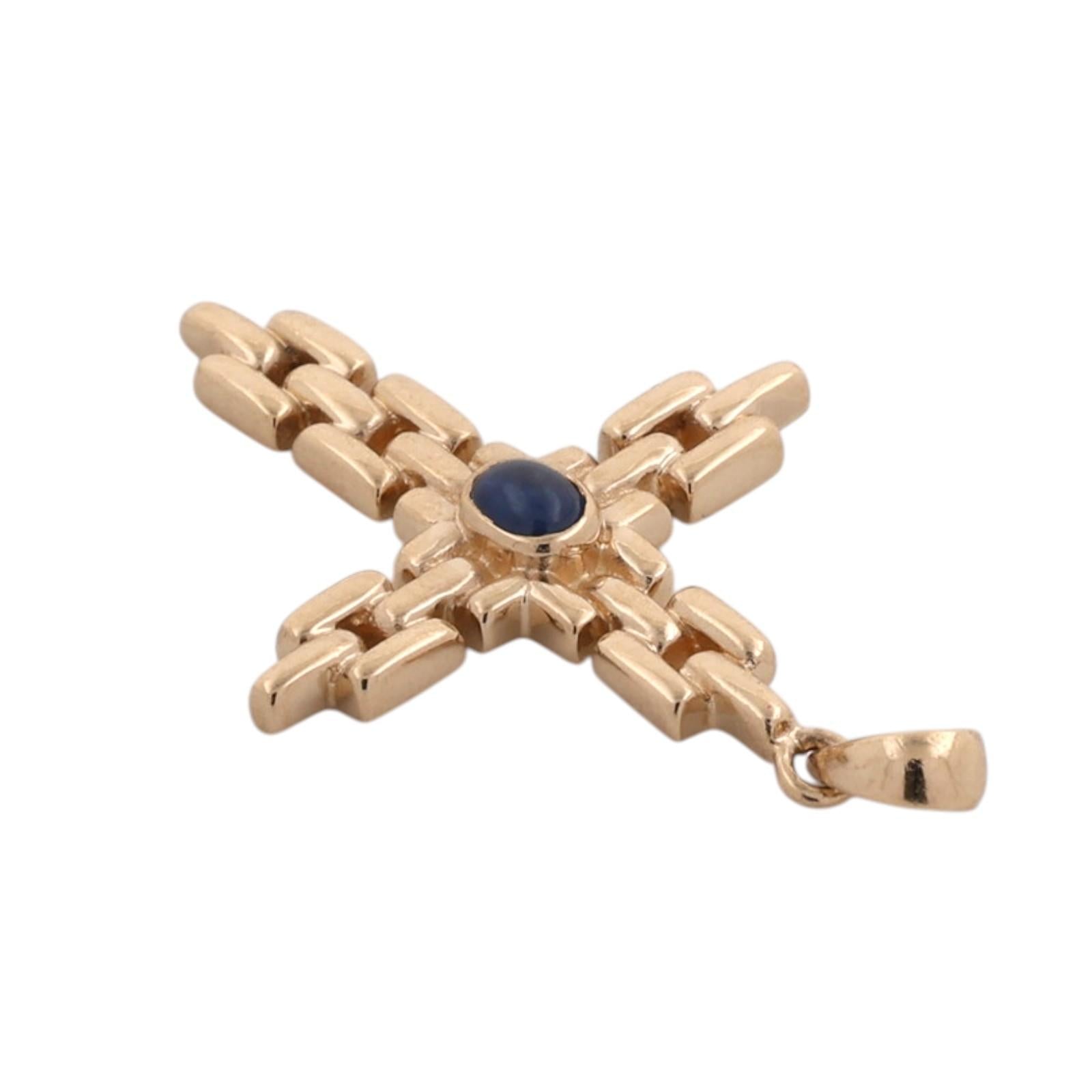 14K Natural Blue Sapphire Cross Pendant 14K Yellow Gold Modernist Unisex Estate