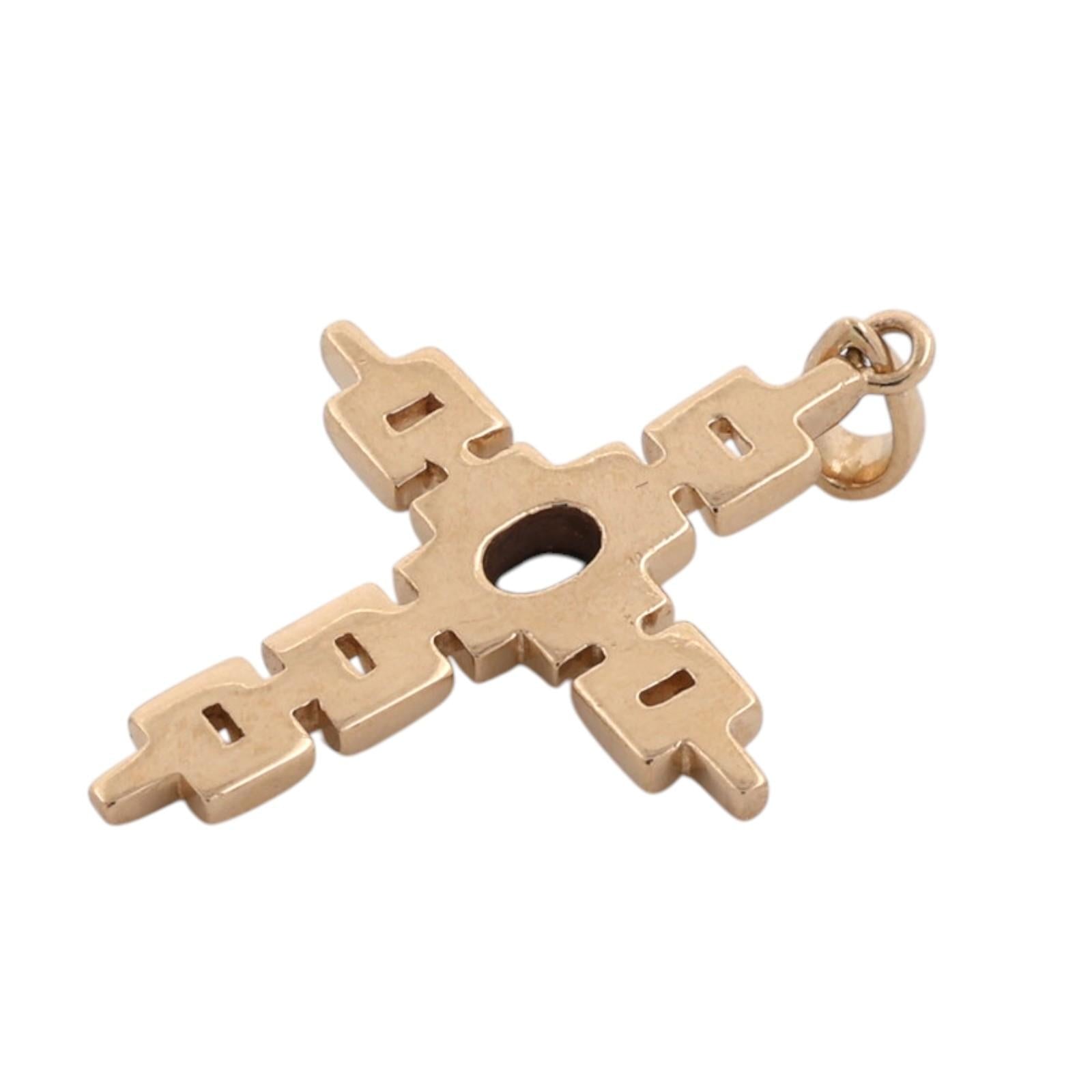 14K Natural Blue Sapphire Cross Pendant 14K Yellow Gold Modernist Unisex Estate