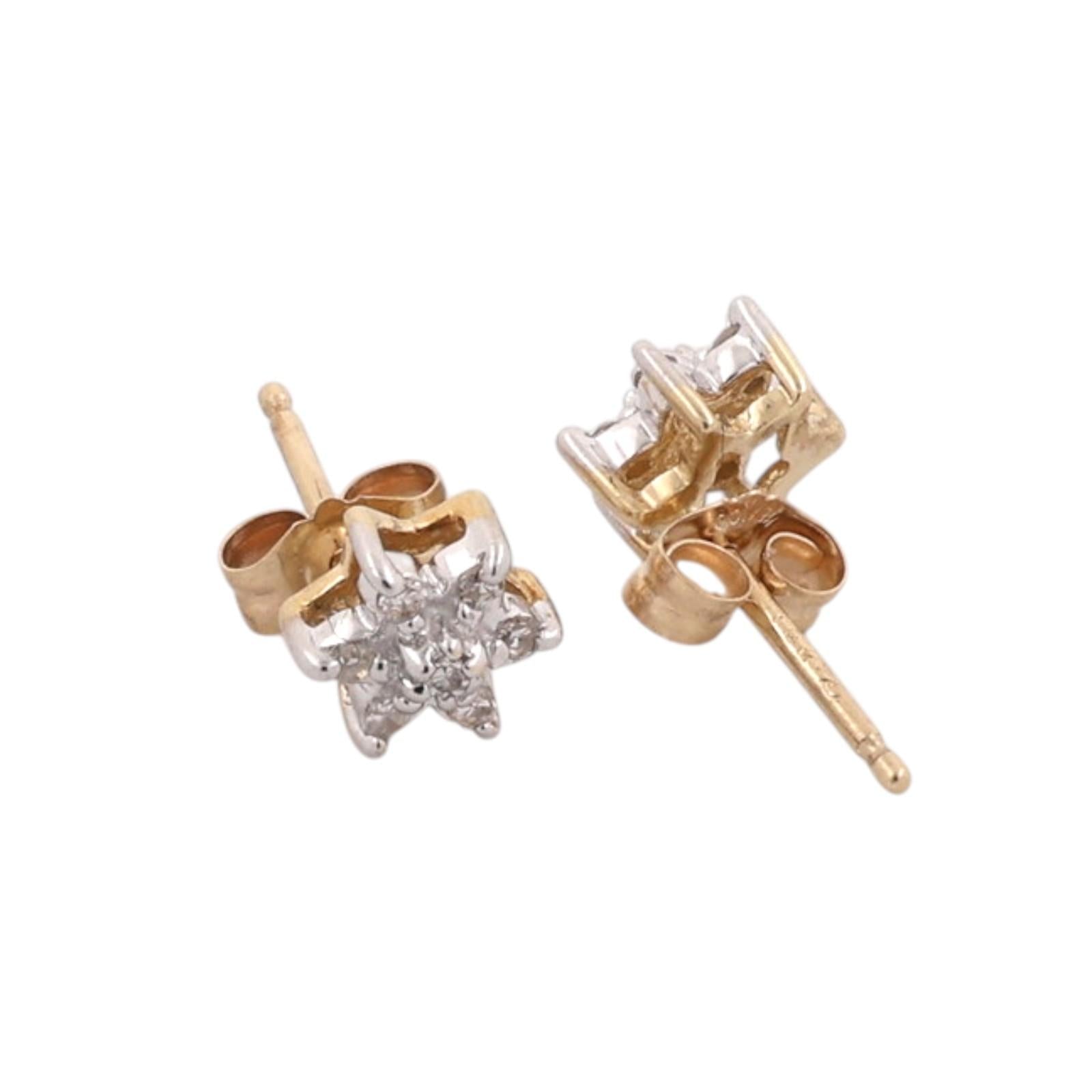 14K Two-Tone Gold Natural Diamond Star Cluster Stud Earrings 0.10 CTW