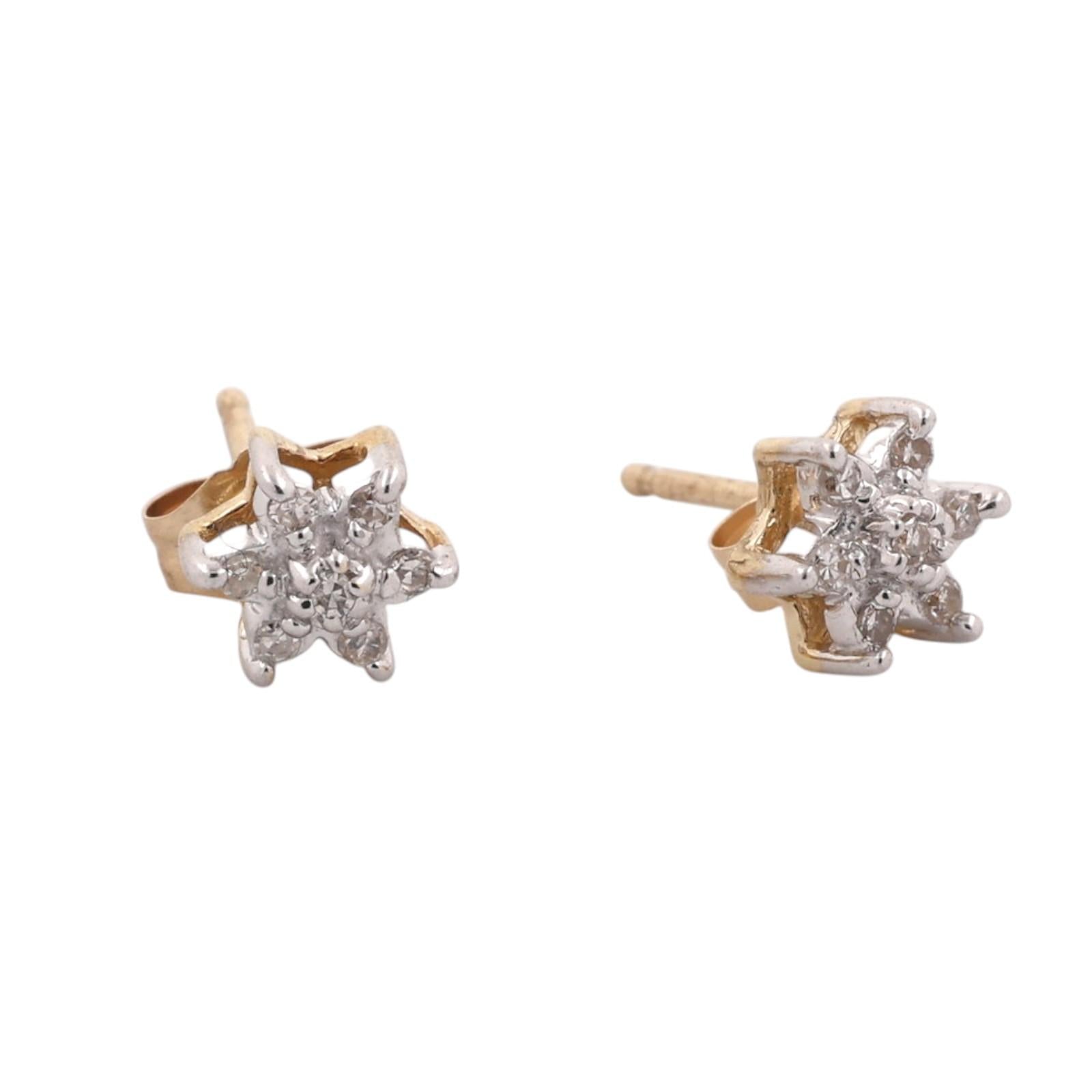 14K Two-Tone Gold Natural Diamond Star Cluster Stud Earrings 0.10 CTW
