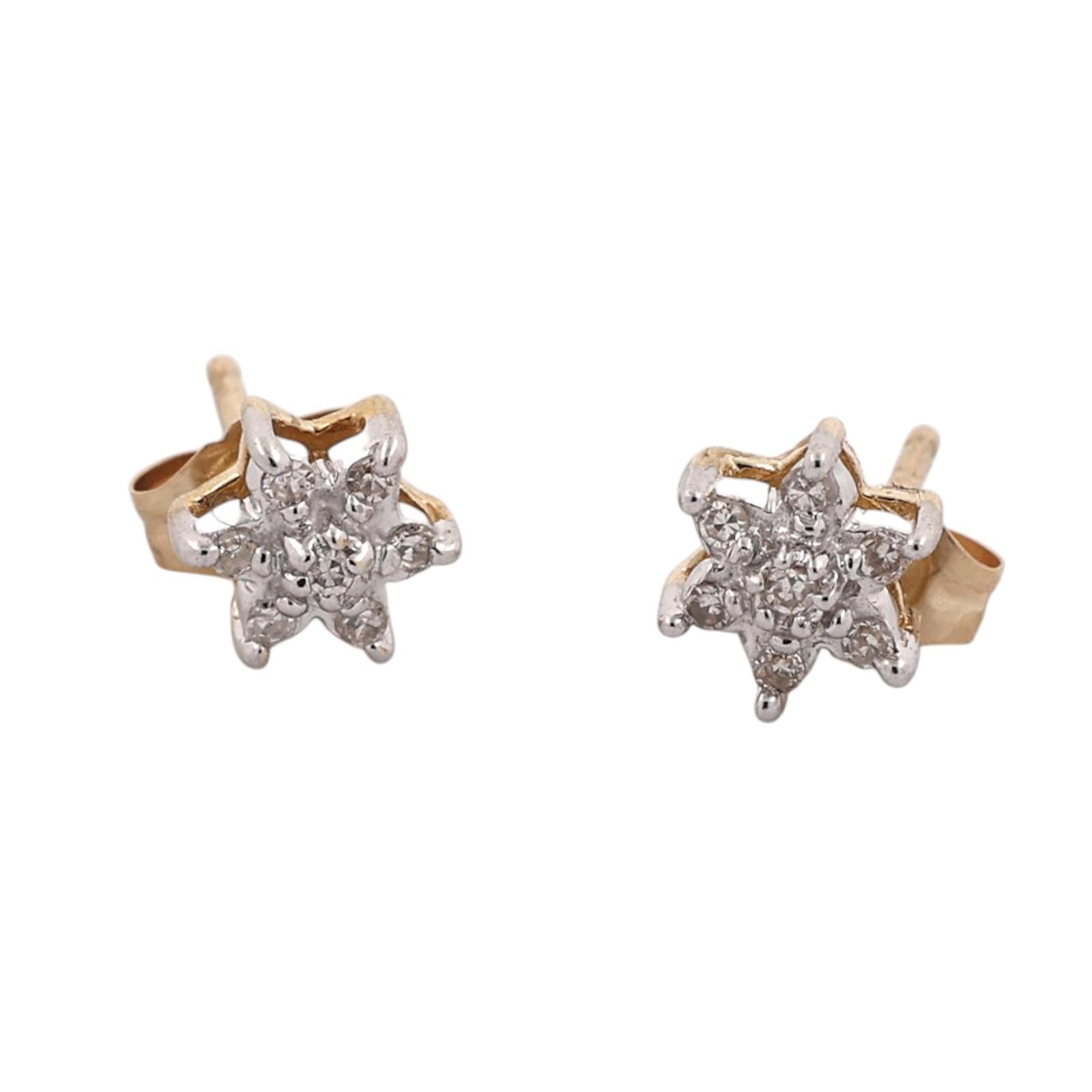 14K Two-Tone Gold Natural Diamond Star Cluster Stud Earrings 0.10 CTW
