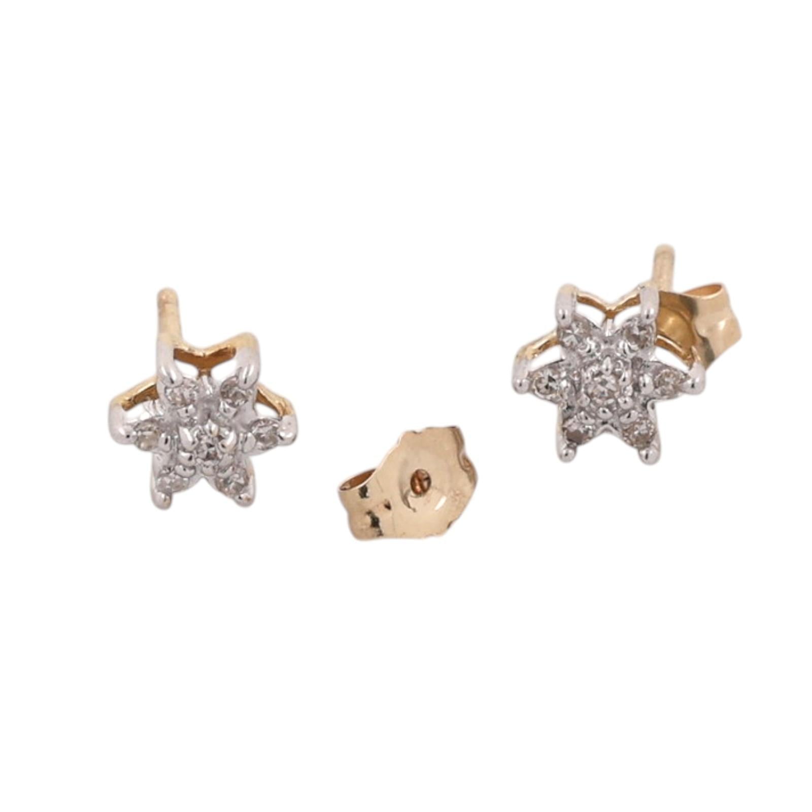 14K Two-Tone Gold Natural Diamond Star Cluster Stud Earrings 0.10 CTW