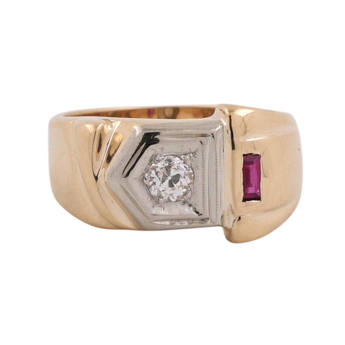 Vintage Old European Diamond Ruby Men's Ring 14K Two Tone Gold 0.23 CTW Sz 7.5