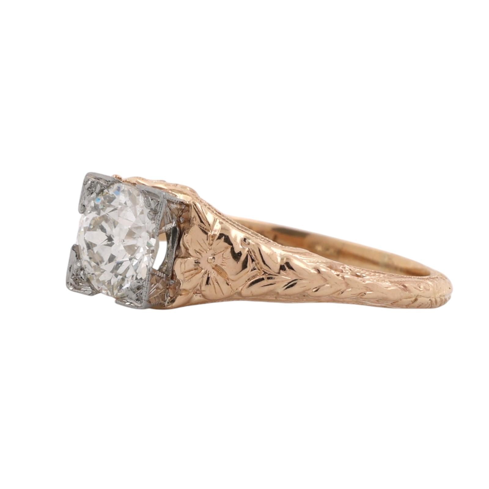 Vintage 14K Two Tone Gold 0.85CT Old European Cut Diamond Engagement Ring 5.75