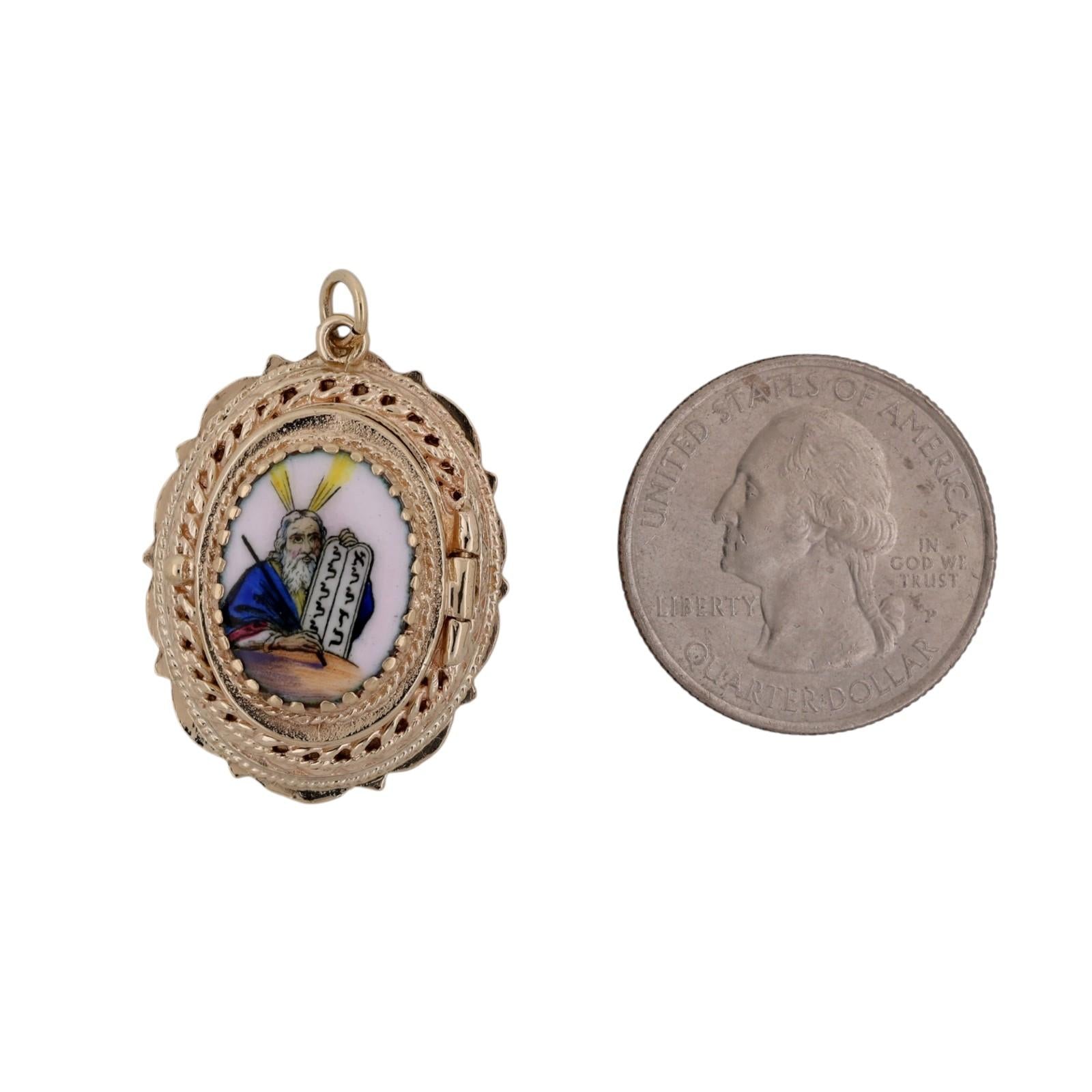 Vintage 14K Gold Enamel Moses Ten Commandments Judaica Filigree Locket Pendant