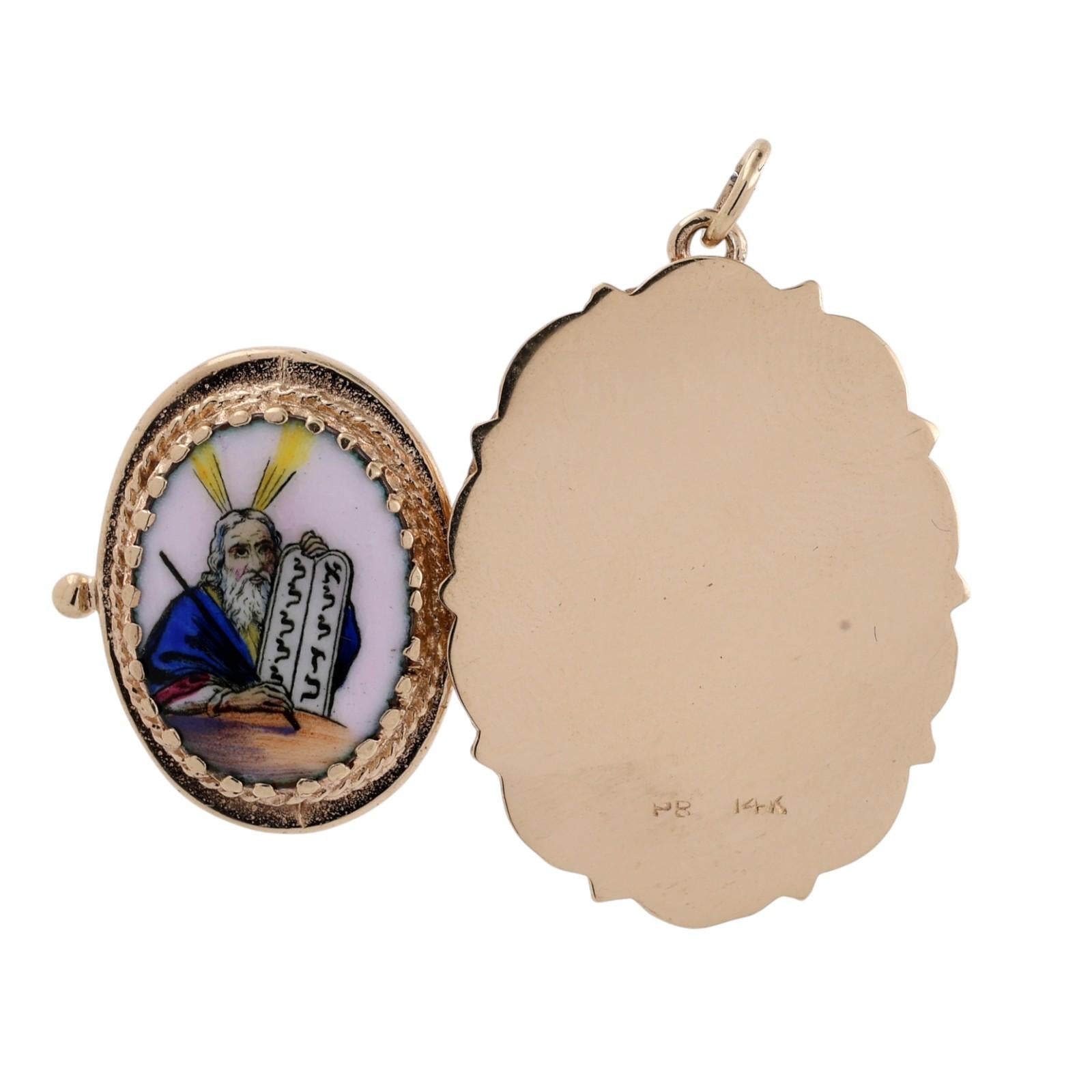 Vintage 14K Gold Enamel Moses Ten Commandments Judaica Filigree Locket Pendant