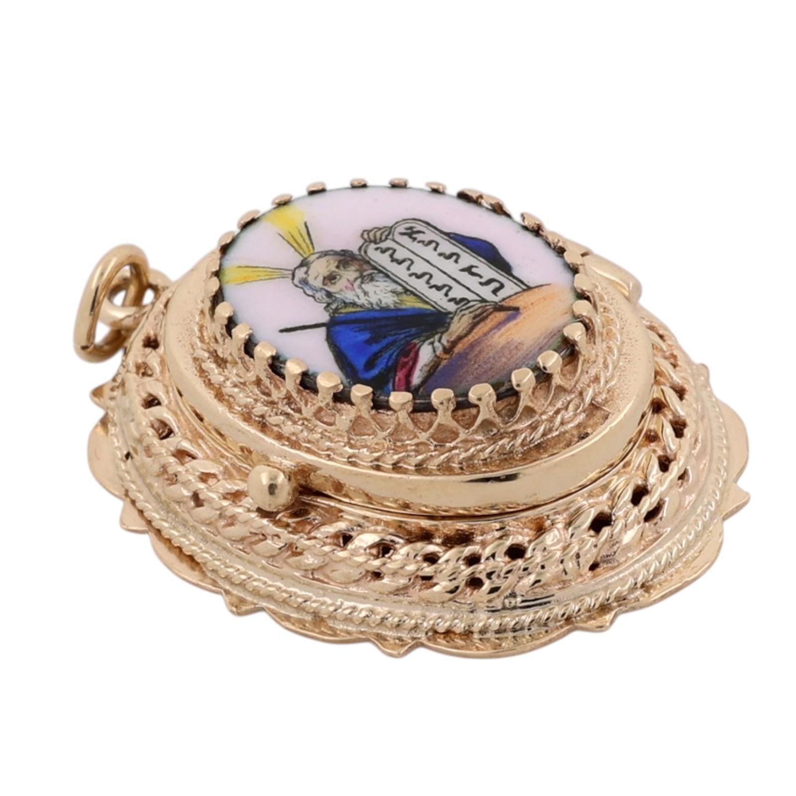 Vintage 14K Gold Enamel Moses Ten Commandments Judaica Filigree Locket Pendant