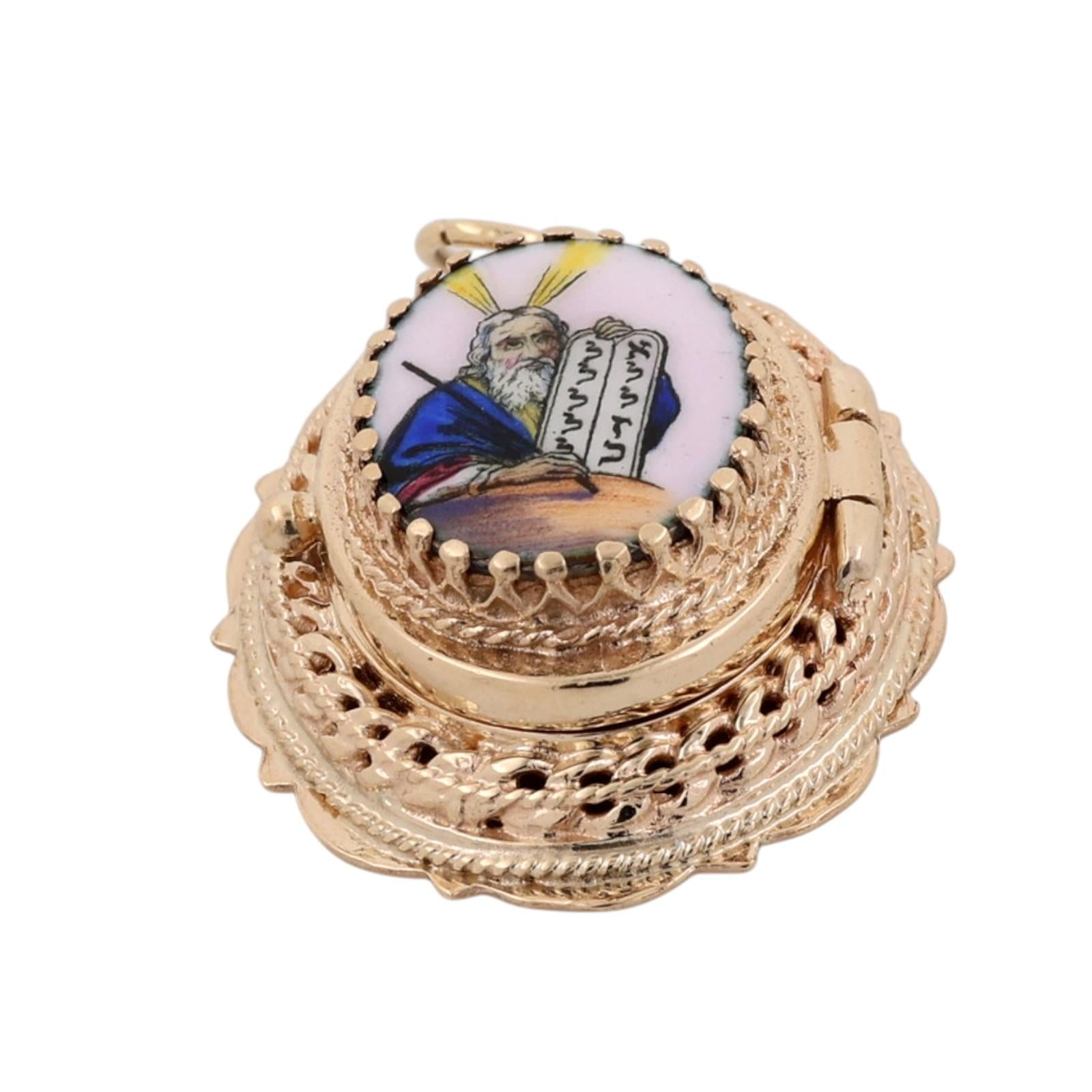 Vintage 14K Gold Enamel Moses Ten Commandments Judaica Filigree Locket Pendant