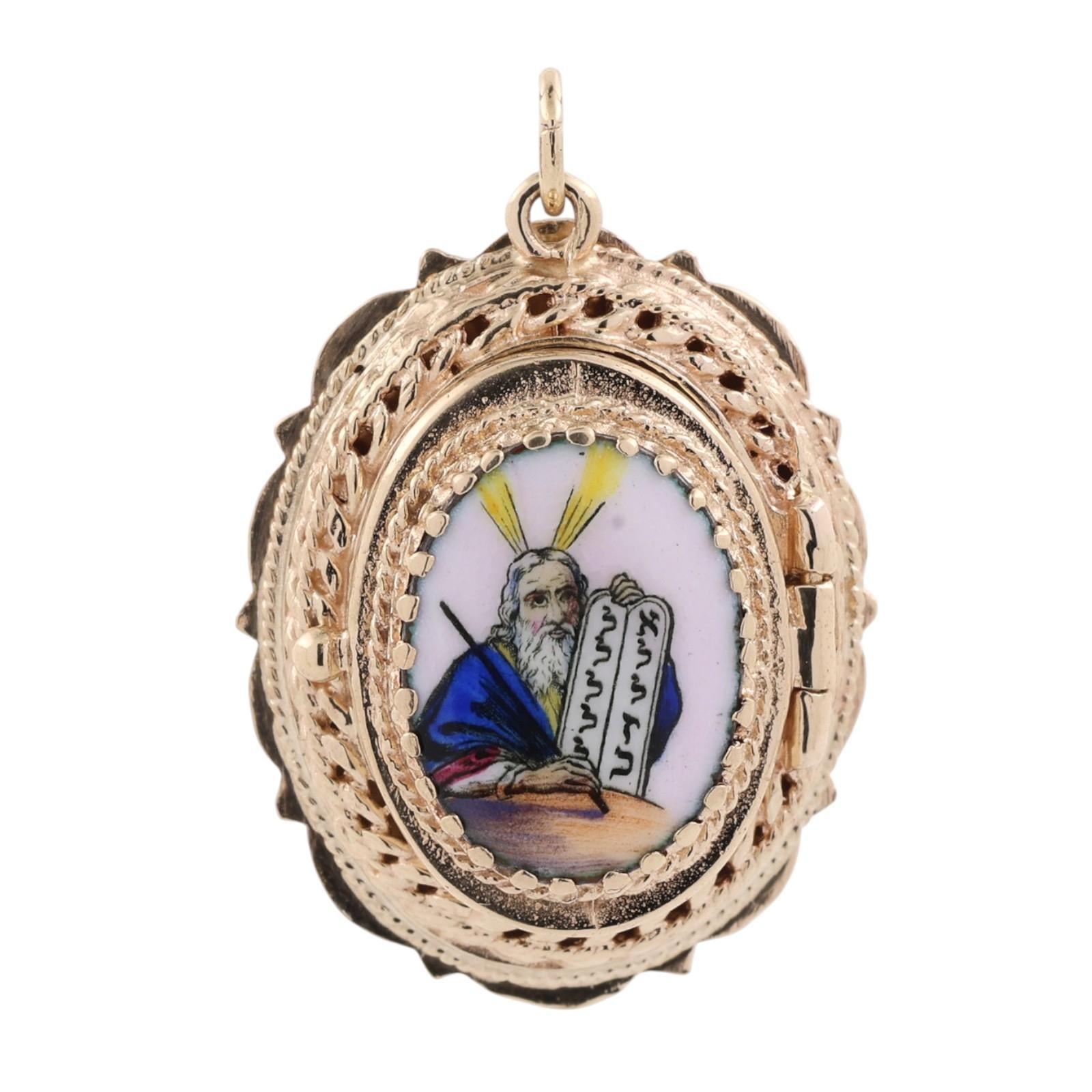 Vintage 14K Gold Enamel Moses Ten Commandments Judaica Filigree Locket Pendant