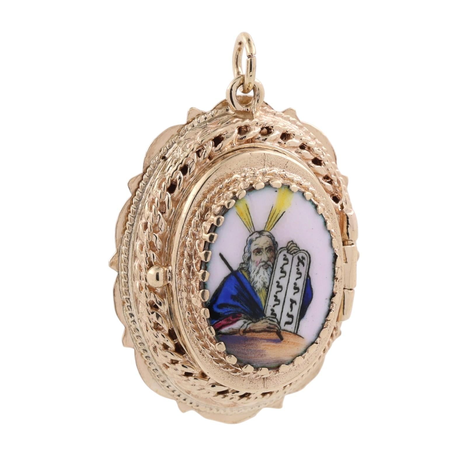 Vintage 14K Gold Enamel Moses Ten Commandments Judaica Filigree Locket Pendant