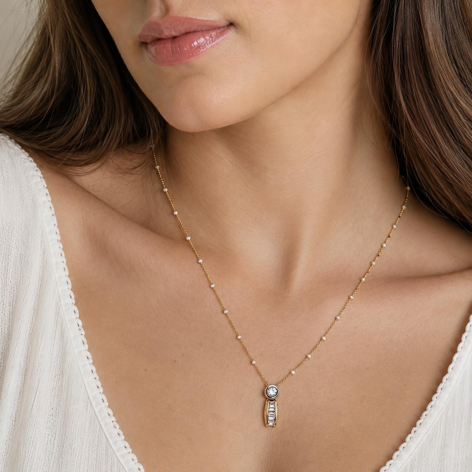 14K Two-Tone Gold Natural Diamond Drop Pendant Necklace 0.15 CTW 16" Italy