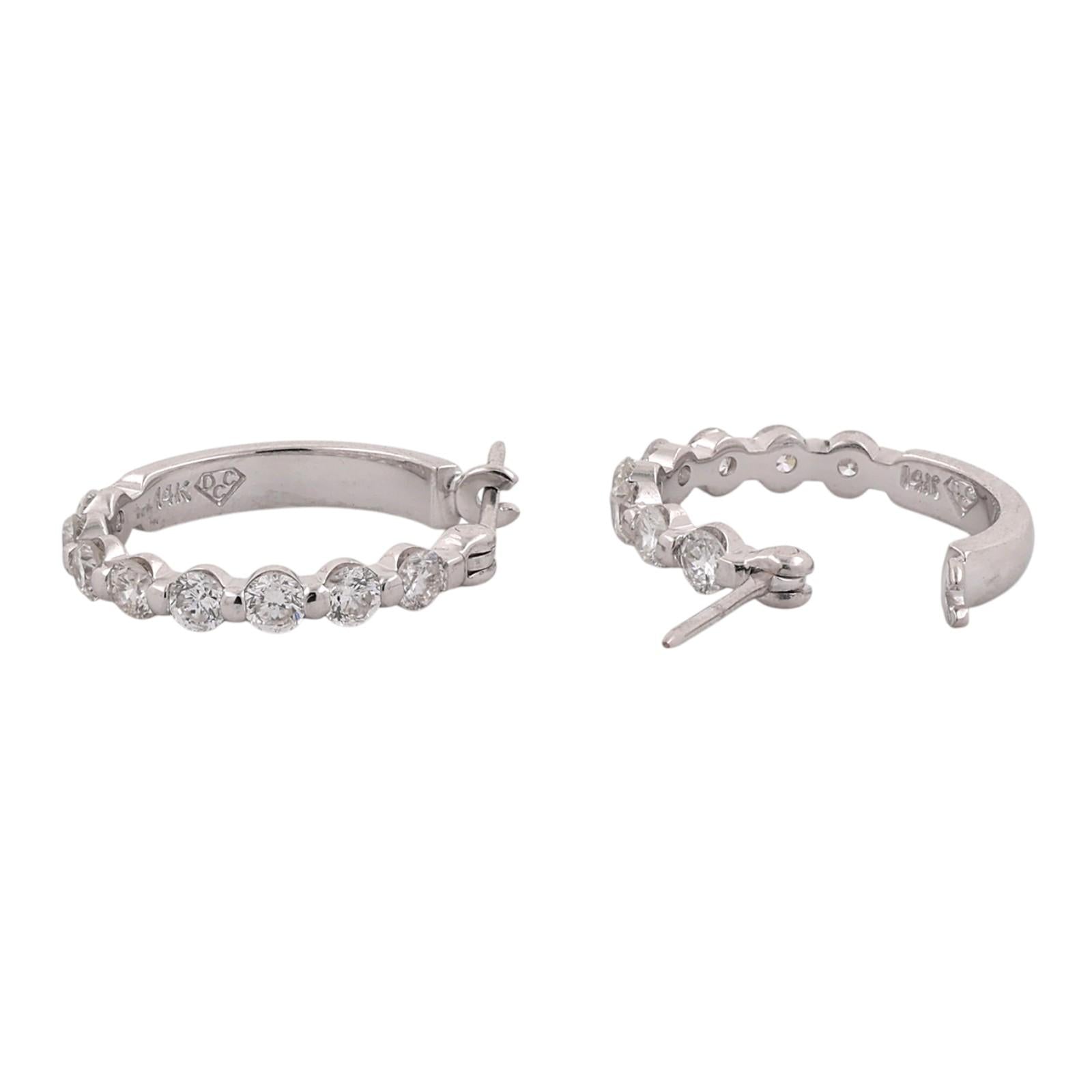 0.88 CTW Natural Diamond Hoop Earrings 14K White Gold Ladies Estate