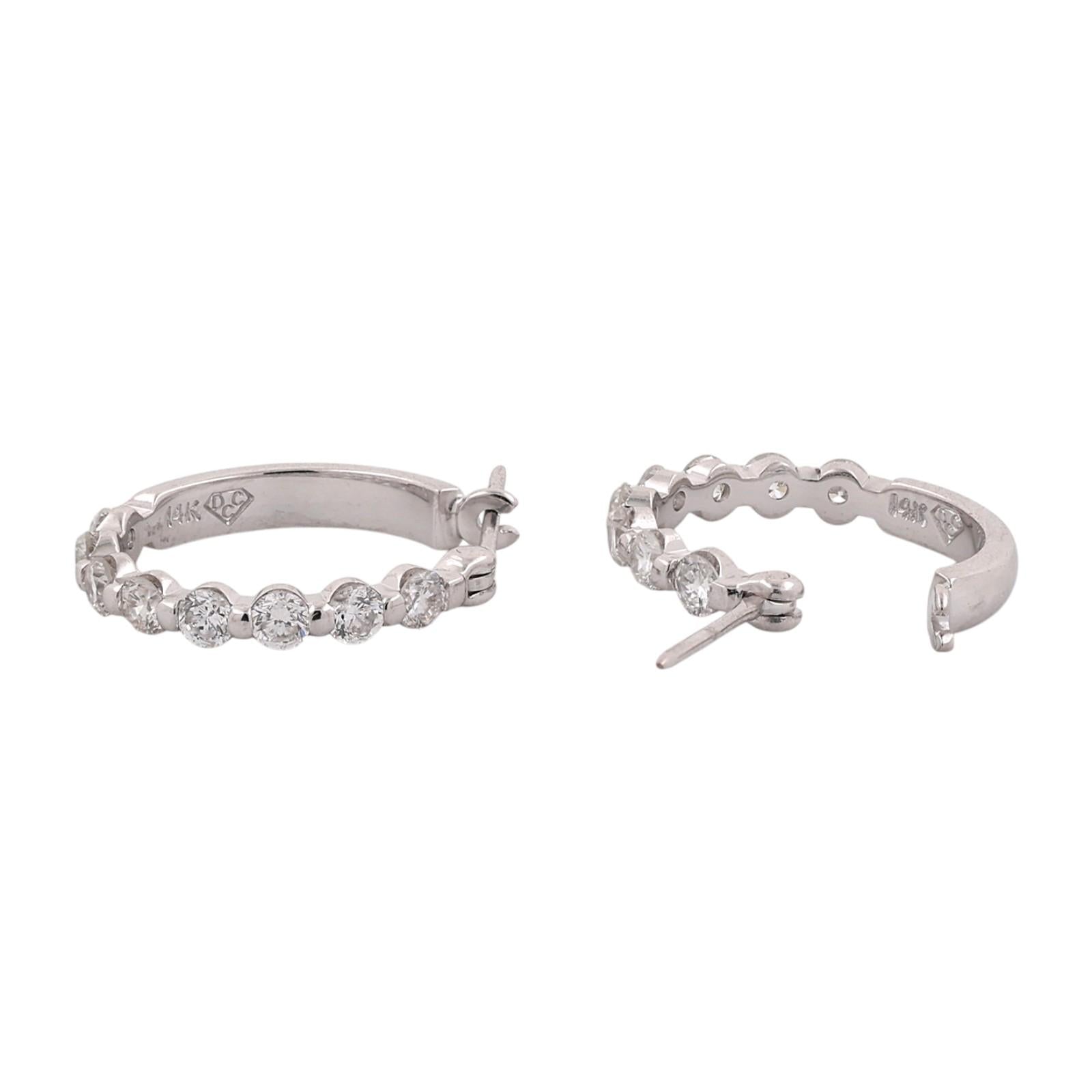 0.88 CTW Natural Diamond Hoop Earrings 14K White Gold Ladies Estate